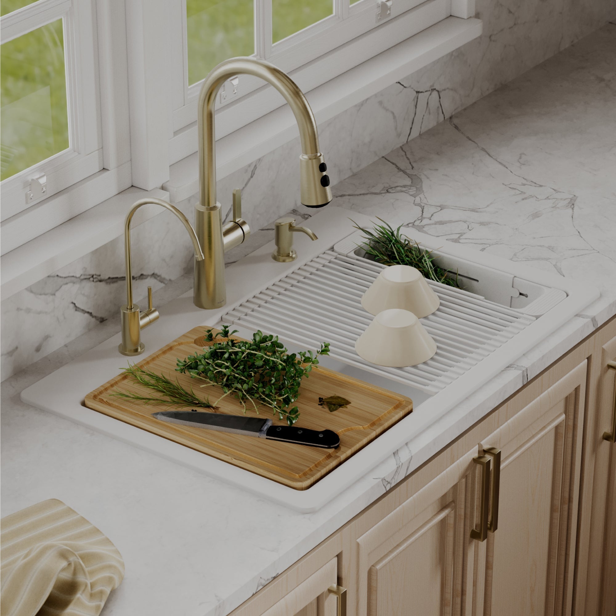 33" Top Mount Double Bowl Quartz Kitchen Sink Kit In White