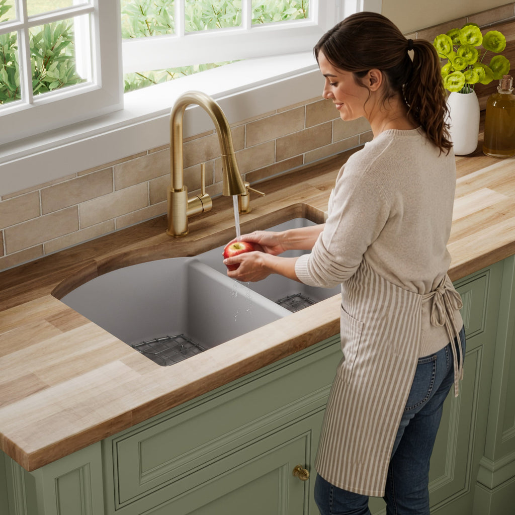 32-1/4" Undermount Double Offset Bowl Quartz Composite Kitchen Sink Kit In Grey