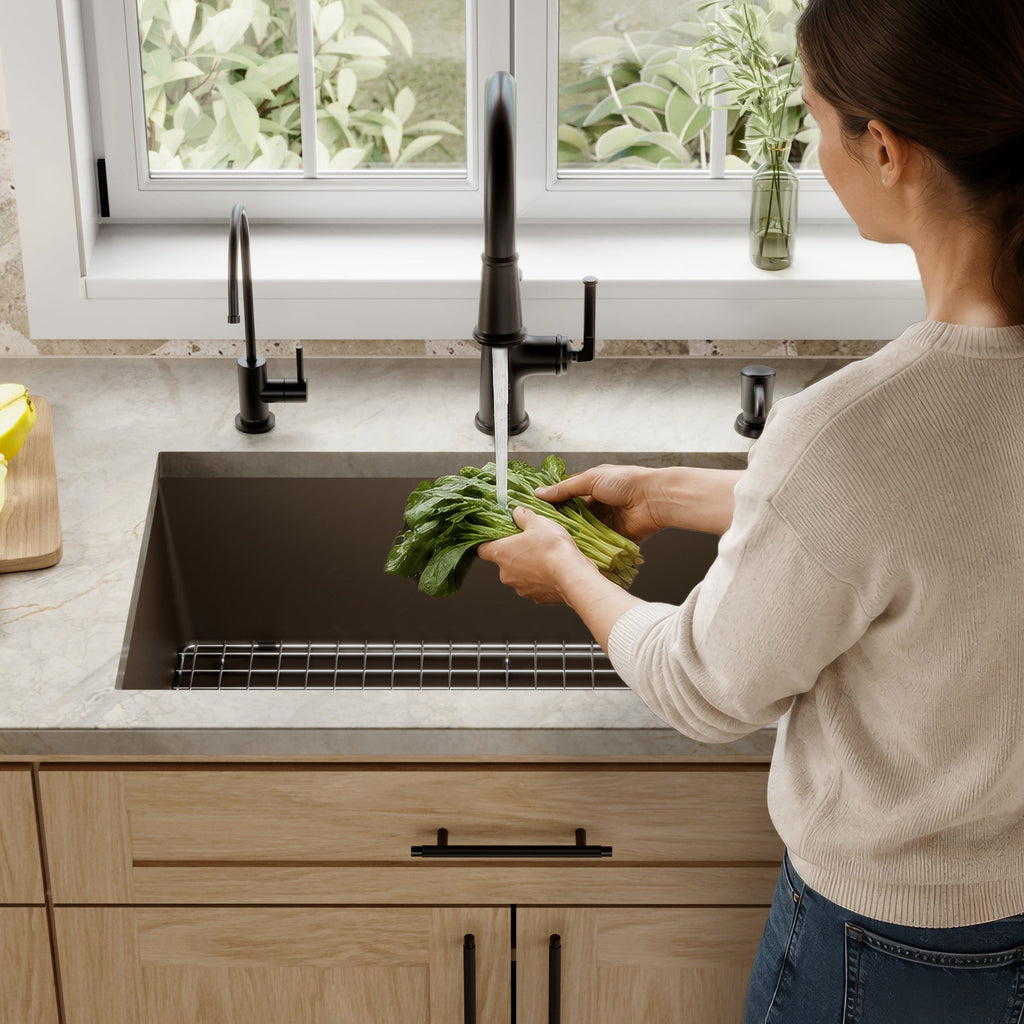 31-5/8" Undermount Large Single Bowl Quartz Composite Kitchen Sink Kit In Brown