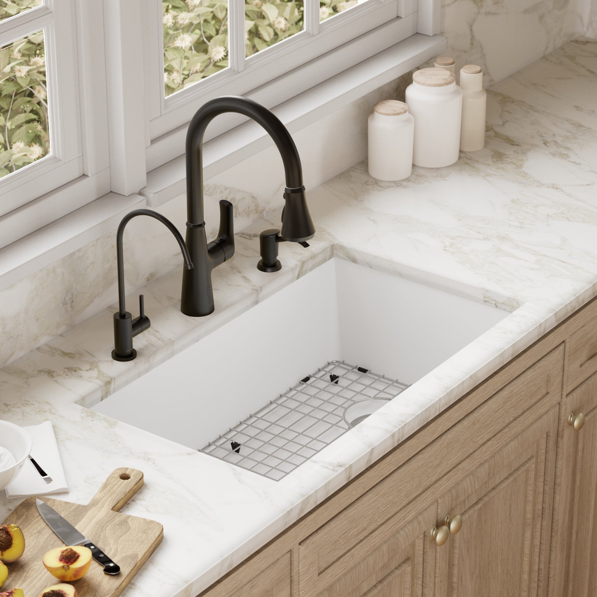 31-5/8" Undermount Large Single Bowl Quartz Composite Kitchen Sink Kit In White