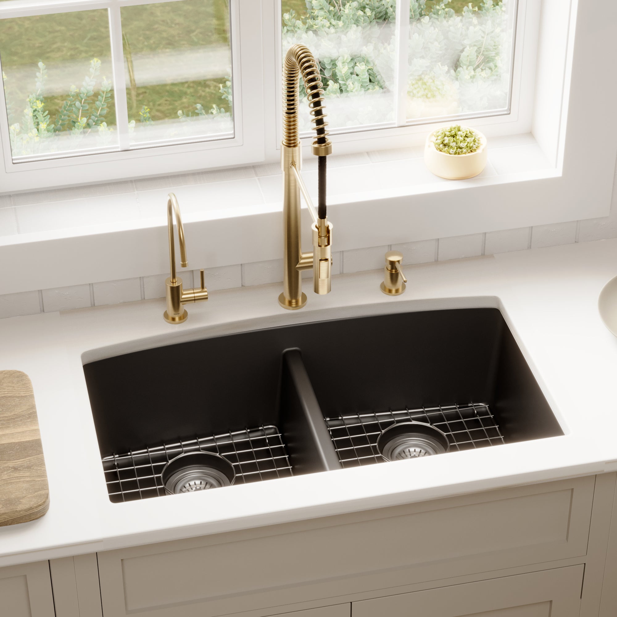 32-1/2" Undermount Double Equal Bowl Quartz Composite Kitchen Sink Kit In Black