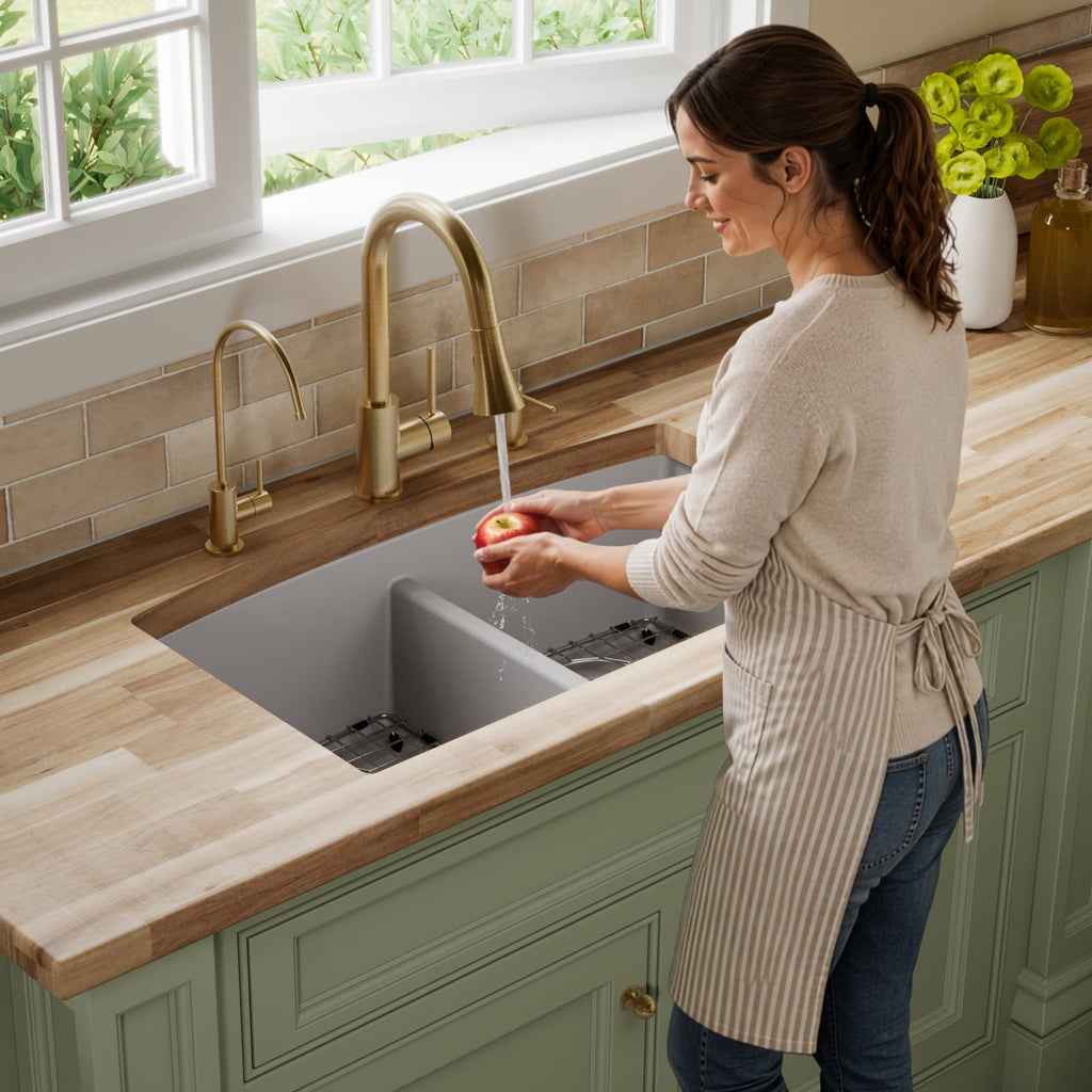 32-1/2" Undermount Double Equal Bowl Quartz Composite Kitchen Sink Kit In Grey
