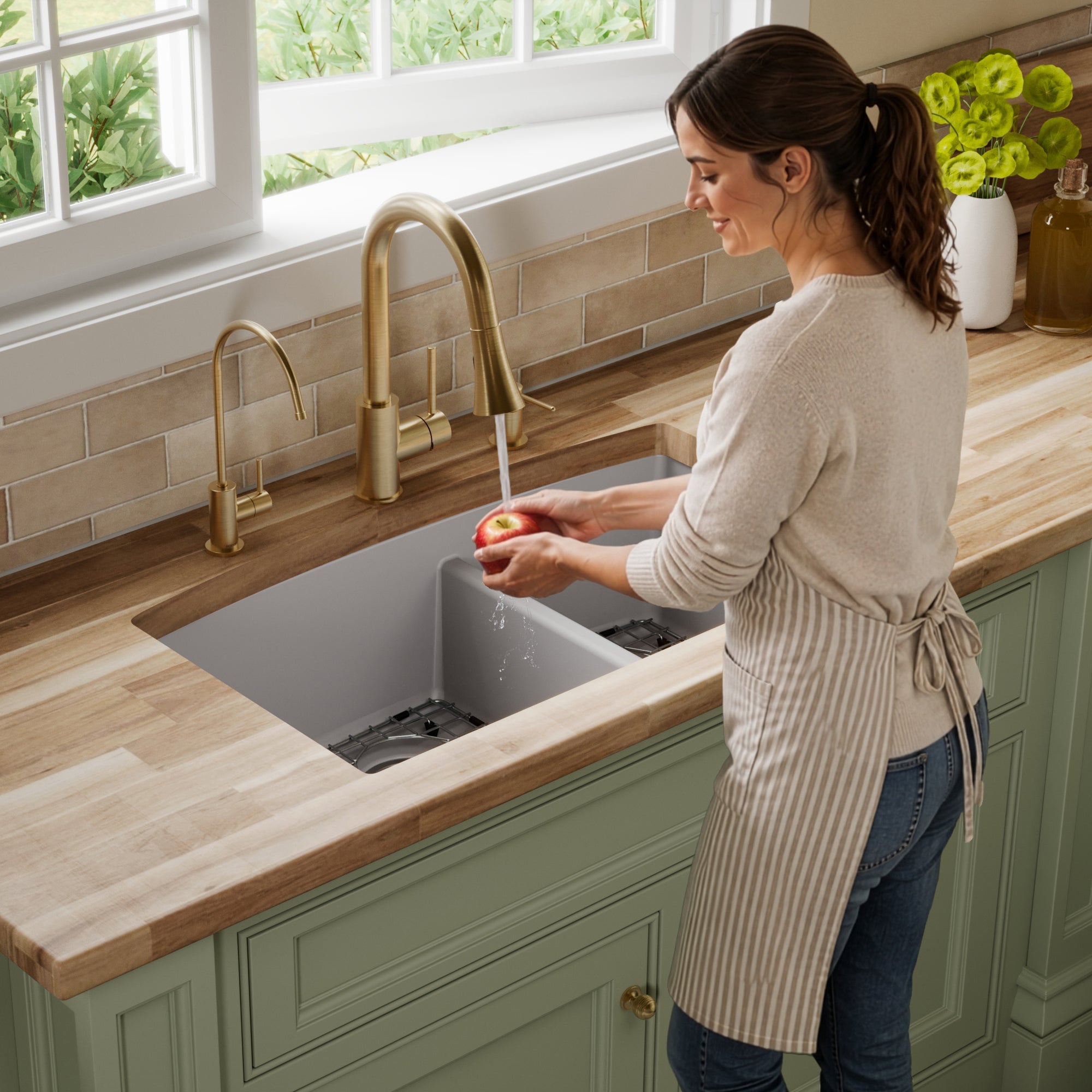 32-1/2" Undermount Double Offset Bowl Quartz Composite Kitchen Sink Kit In Grey