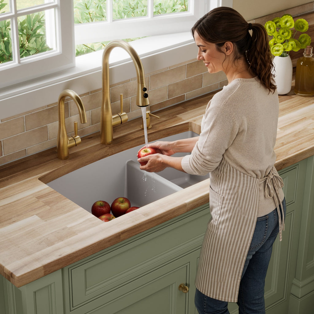 32-1/2" Undermount Double Offset Bowl Quartz Composite Kitchen Sink In Grey