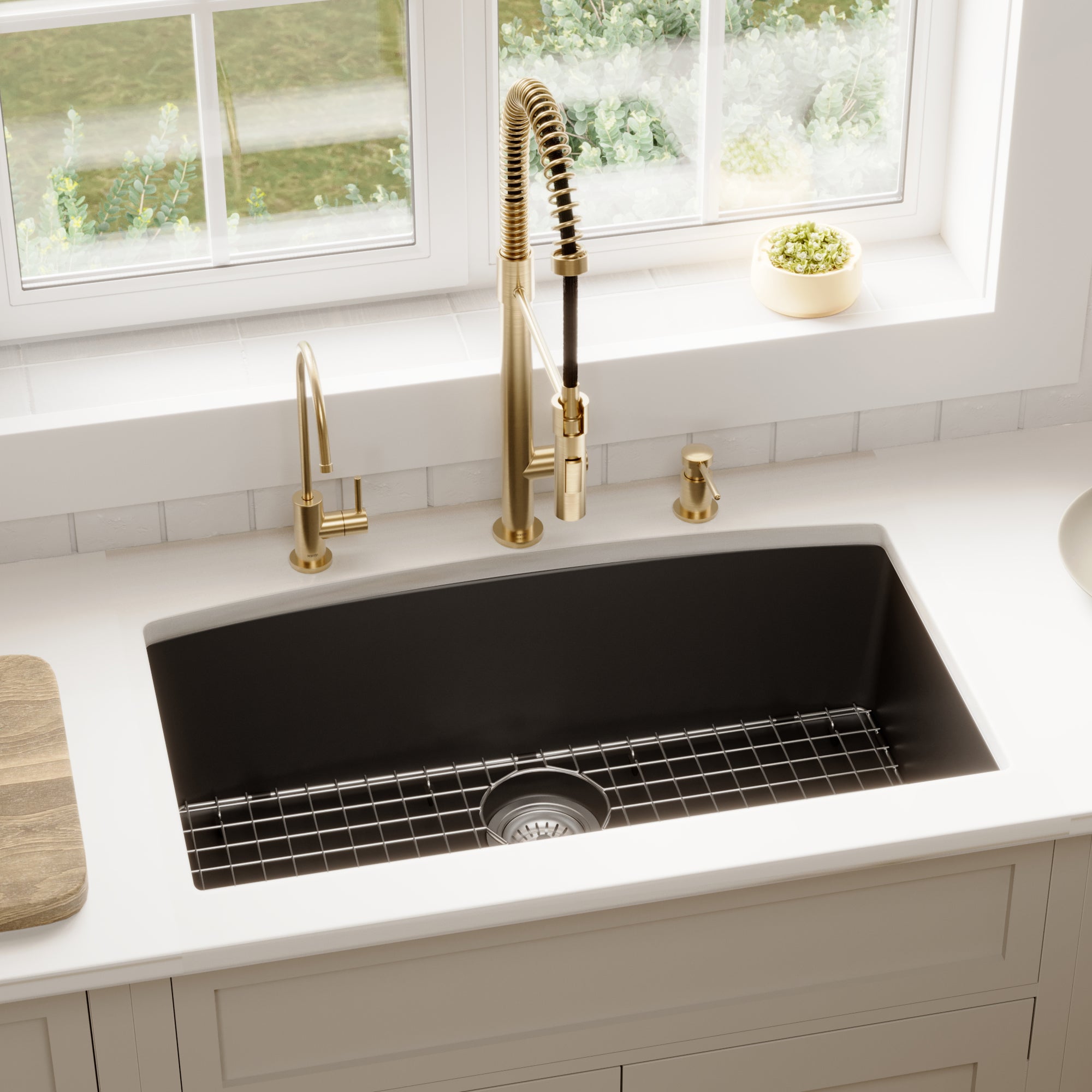 32-1/2" Undermount Large Single Bowl Quartz Composite Kitchen Sink Kit In Black