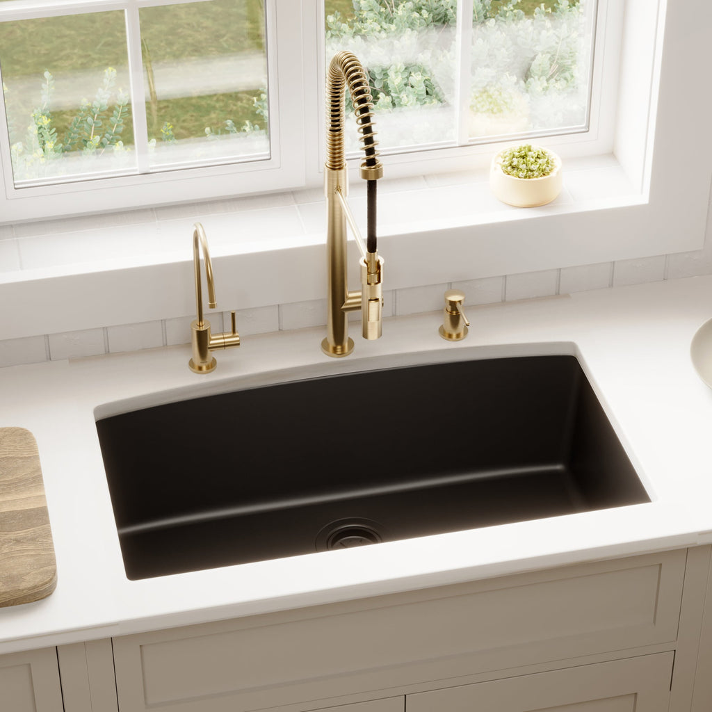 32-1/2" Undermount Large Single Bowl Quartz Composite Kitchen Sink In Black