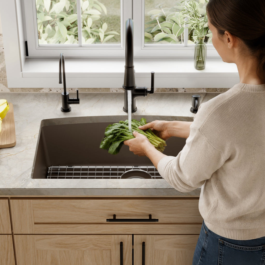 32-1/2" Undermount Large Single Bowl Quartz Composite Kitchen Sink Kit In Brown