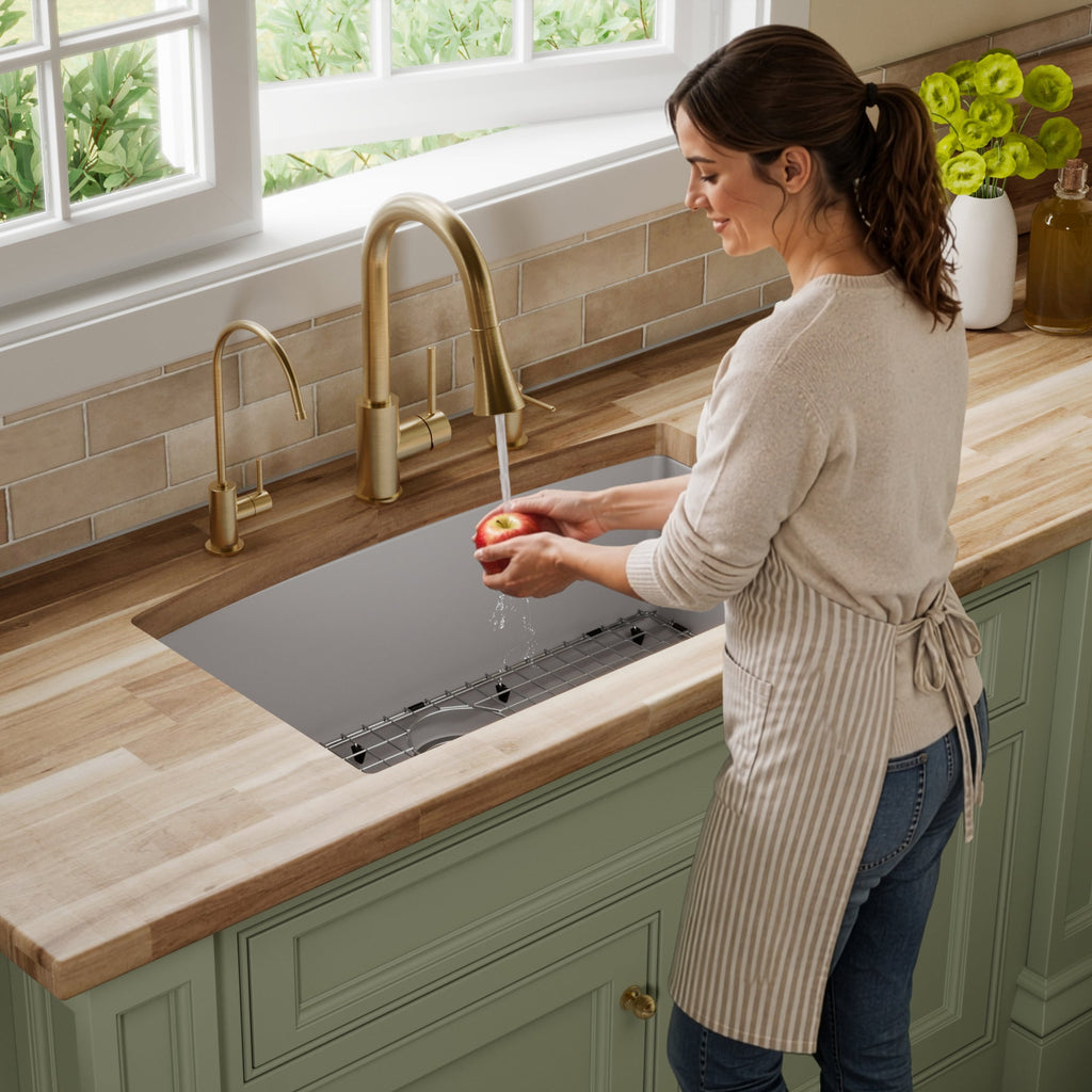 32-1/2" Undermount Large Single Bowl Quartz Composite Kitchen Sink Kit In Grey