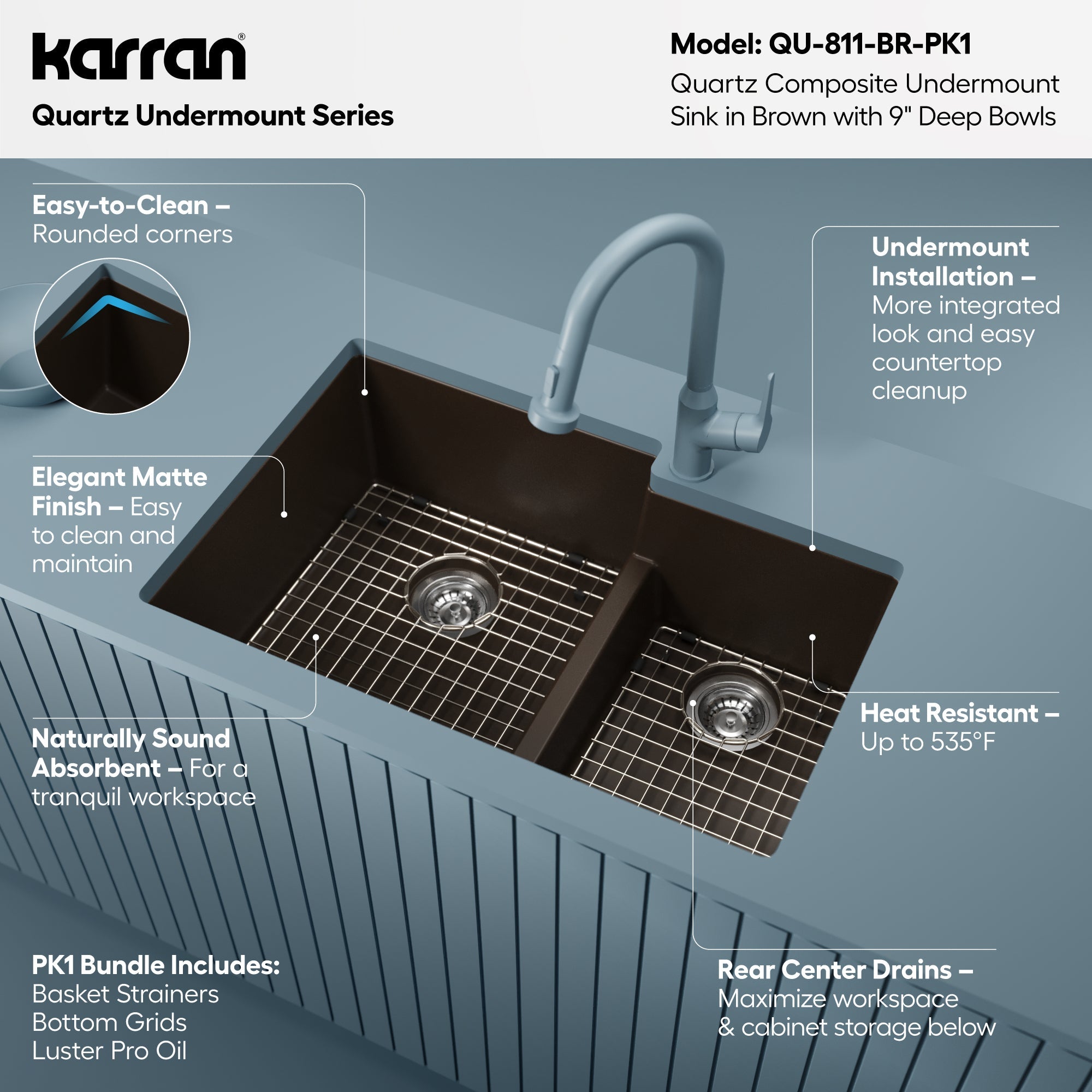 32" Undermount Double Offset Bowl Quartz Composite Kitchen Sink Kit In Brown