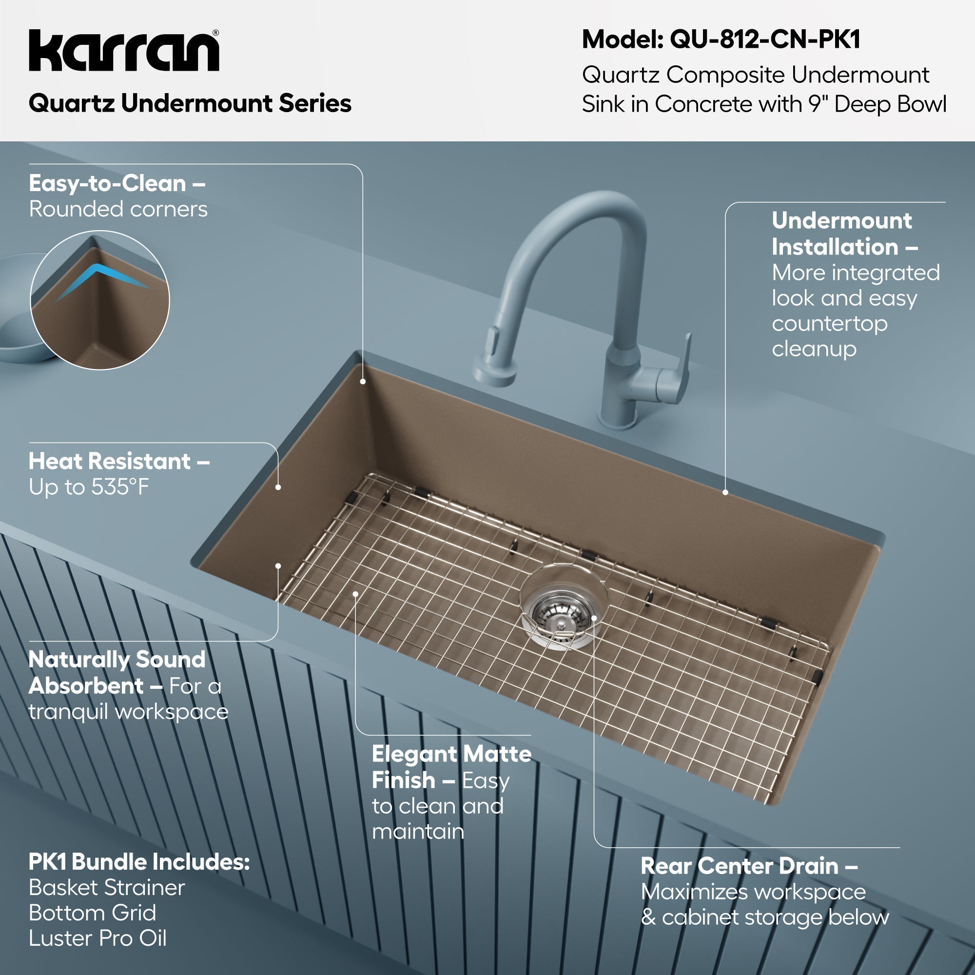 32-3/8" Undermount Large Single Bowl Quartz Composite Kitchen Sink Kit In Concrete