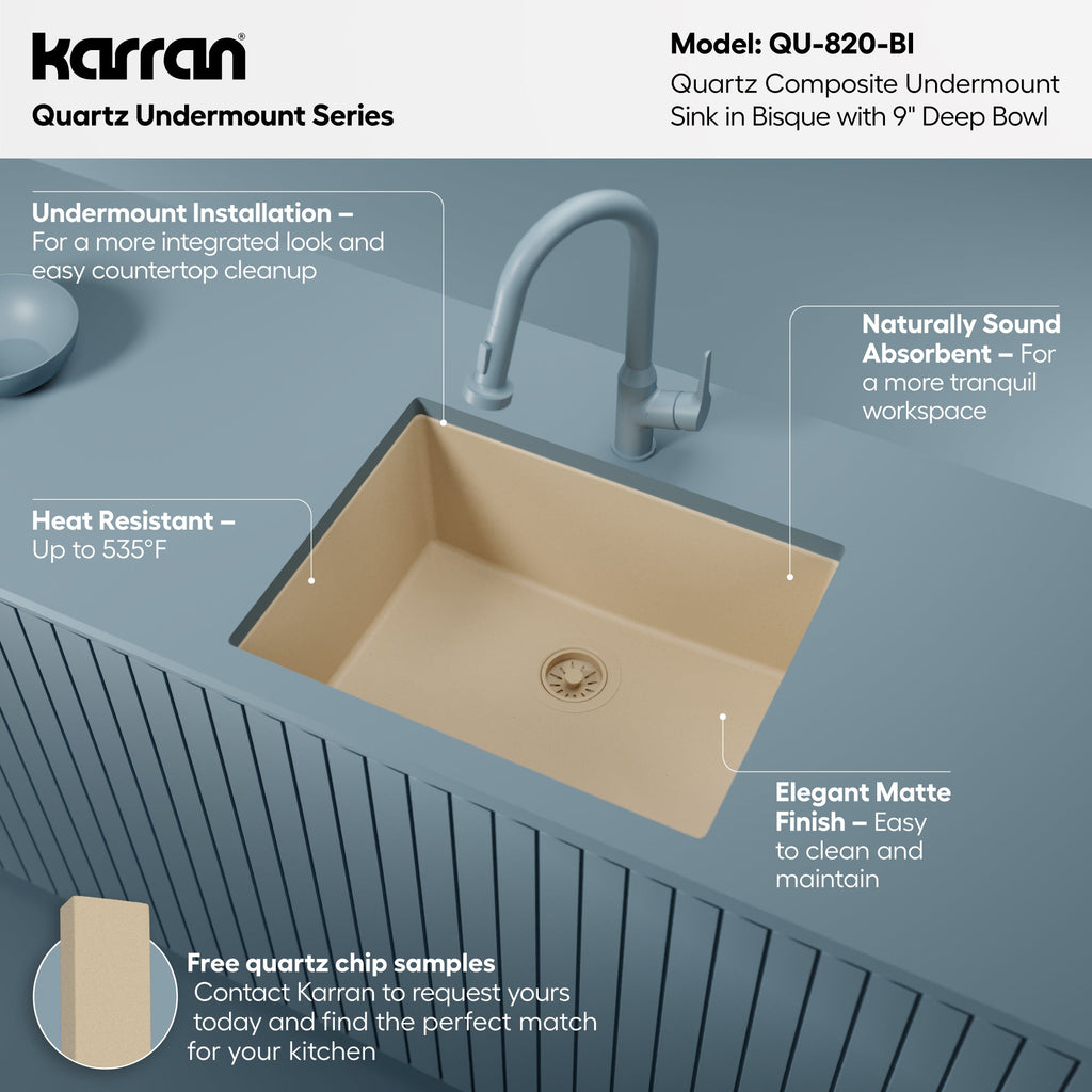 24-3/8" Undermount Single Bowl Quartz Composite Kitchen Sink In Bisque
