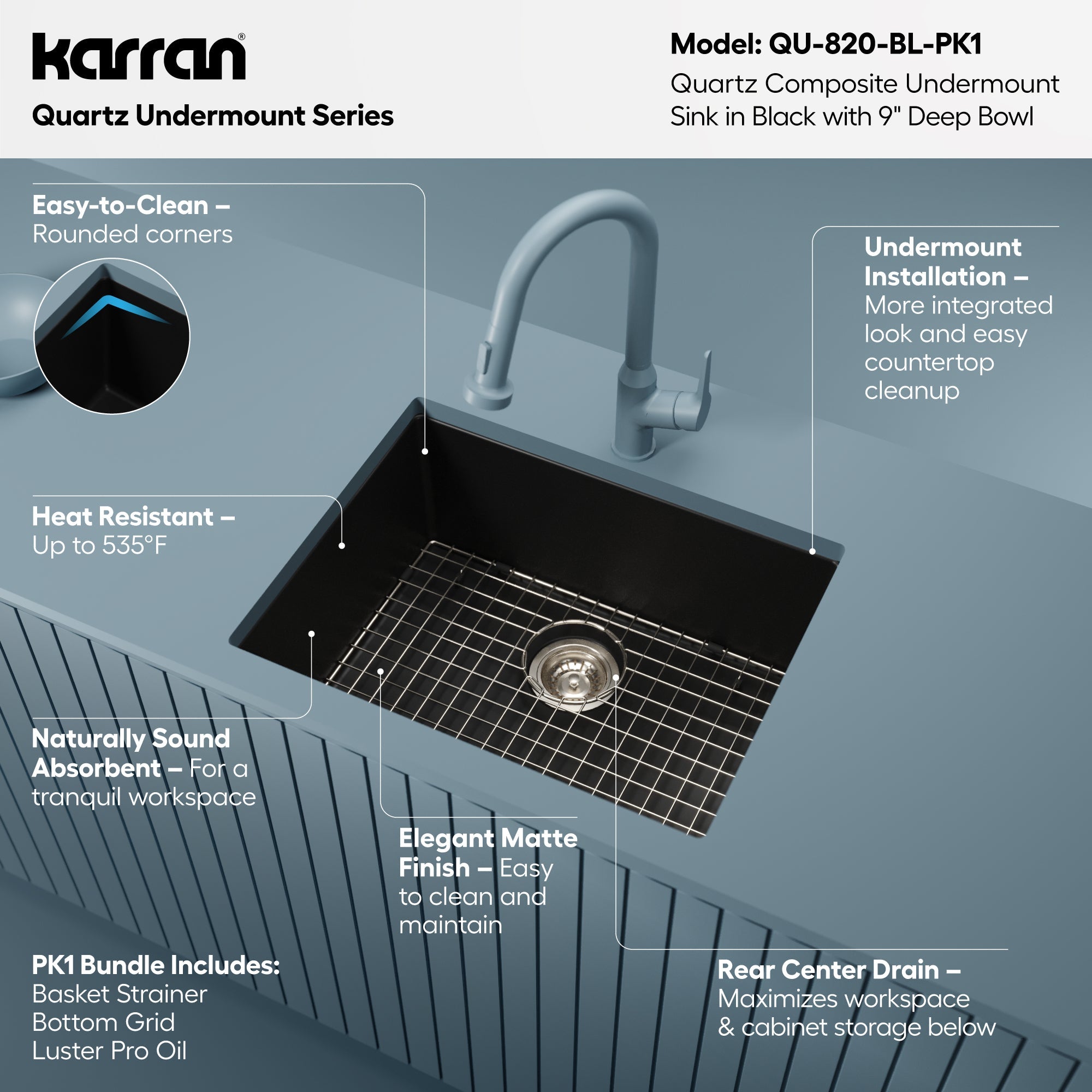 24-3/8" Undermount Single Bowl Quartz Composite Kitchen Sink Kit In Black