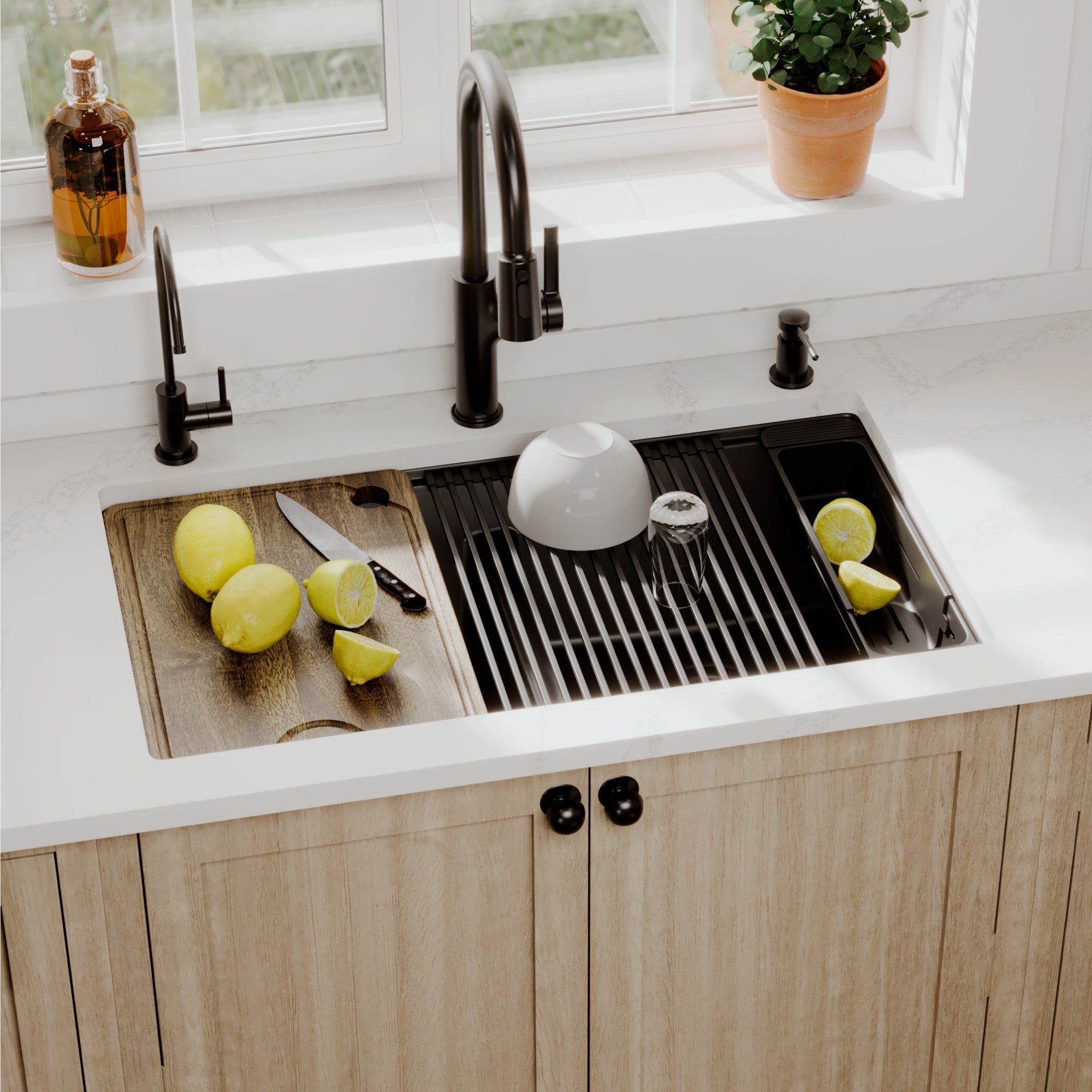 32" Undermount Double Bowl Quartz Kitchen Sink Kit In Black