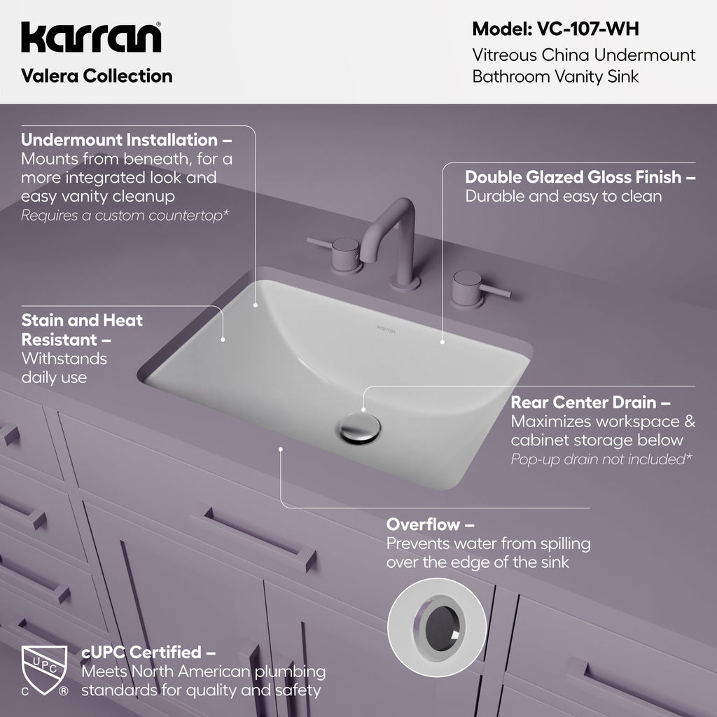 Valera 21" Rectangular Undermount Vitreous China Bathroom Sink In White