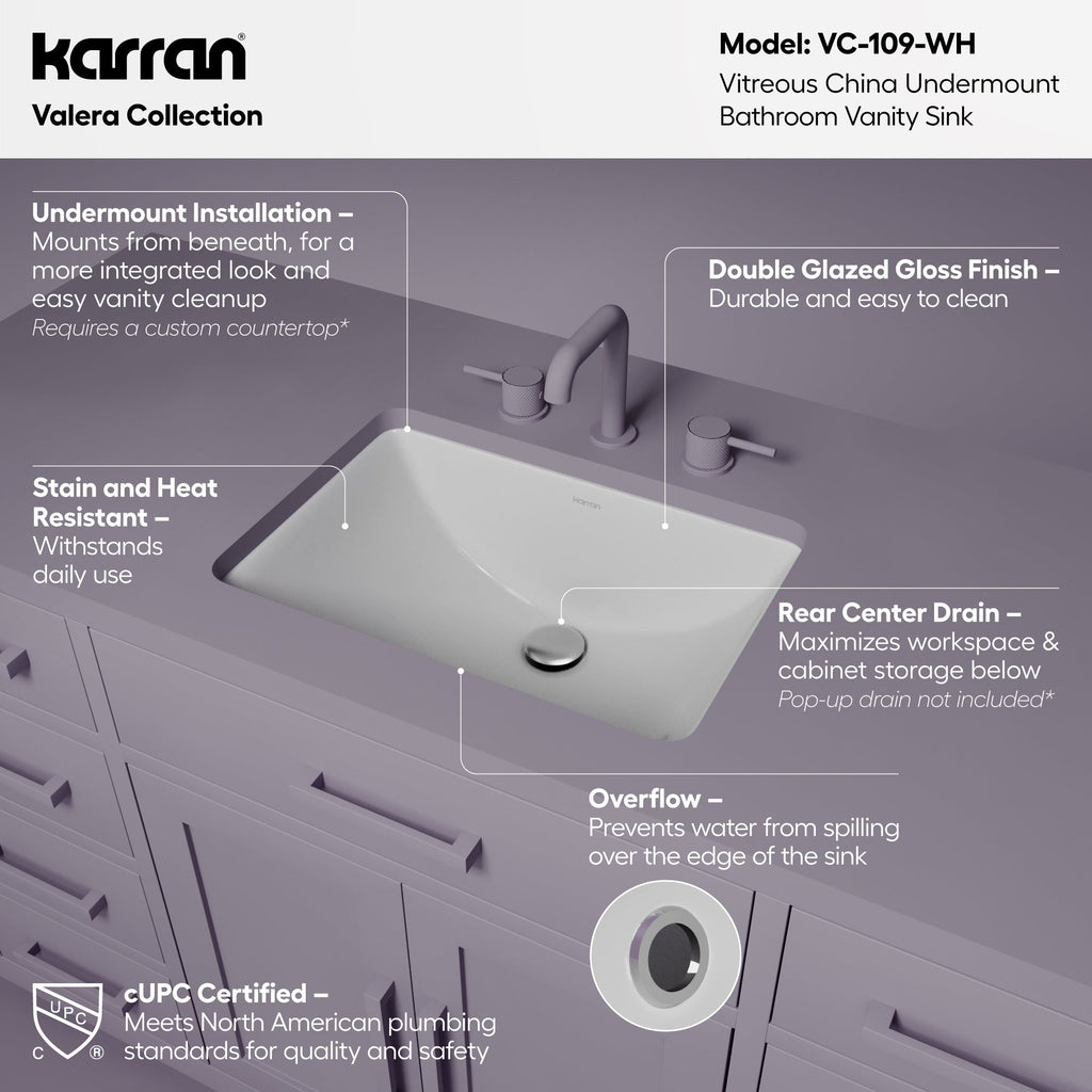 Valera 20" Rectangular Undermount Vitreous China Bathroom Sink In White