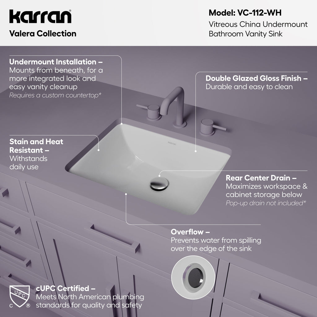Valera 18" Rectangular Undermount Vitreous China Bathroom Sink In White