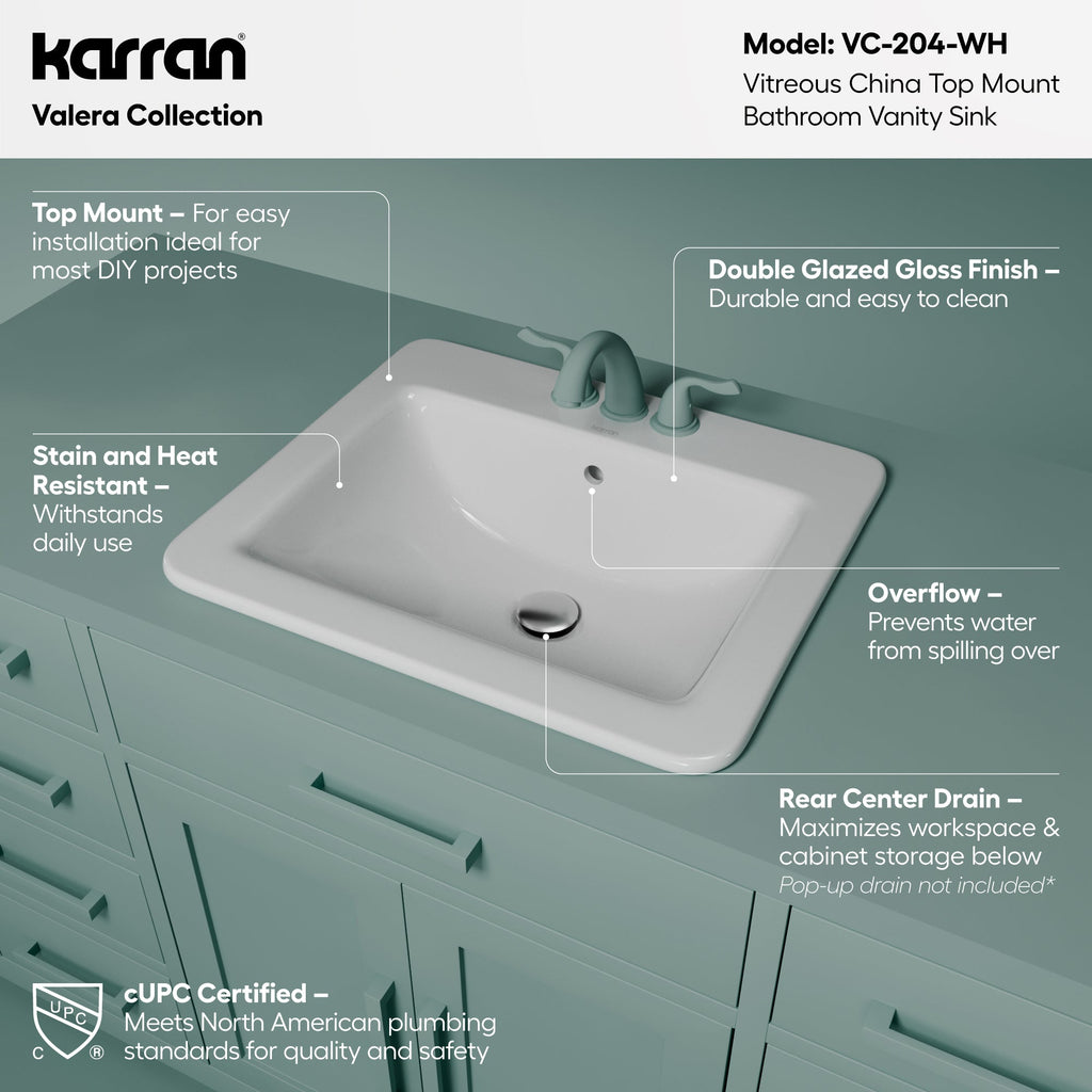 Valera 21" Rectangular Top Mount Vitreous China Bathroom Sink In White