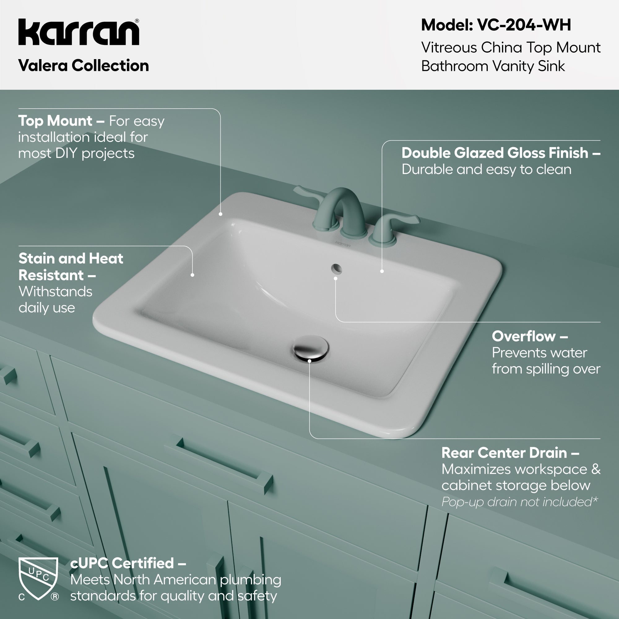 Valera 21" Rectangular Top Mount Vitreous China Bathroom Sink In White