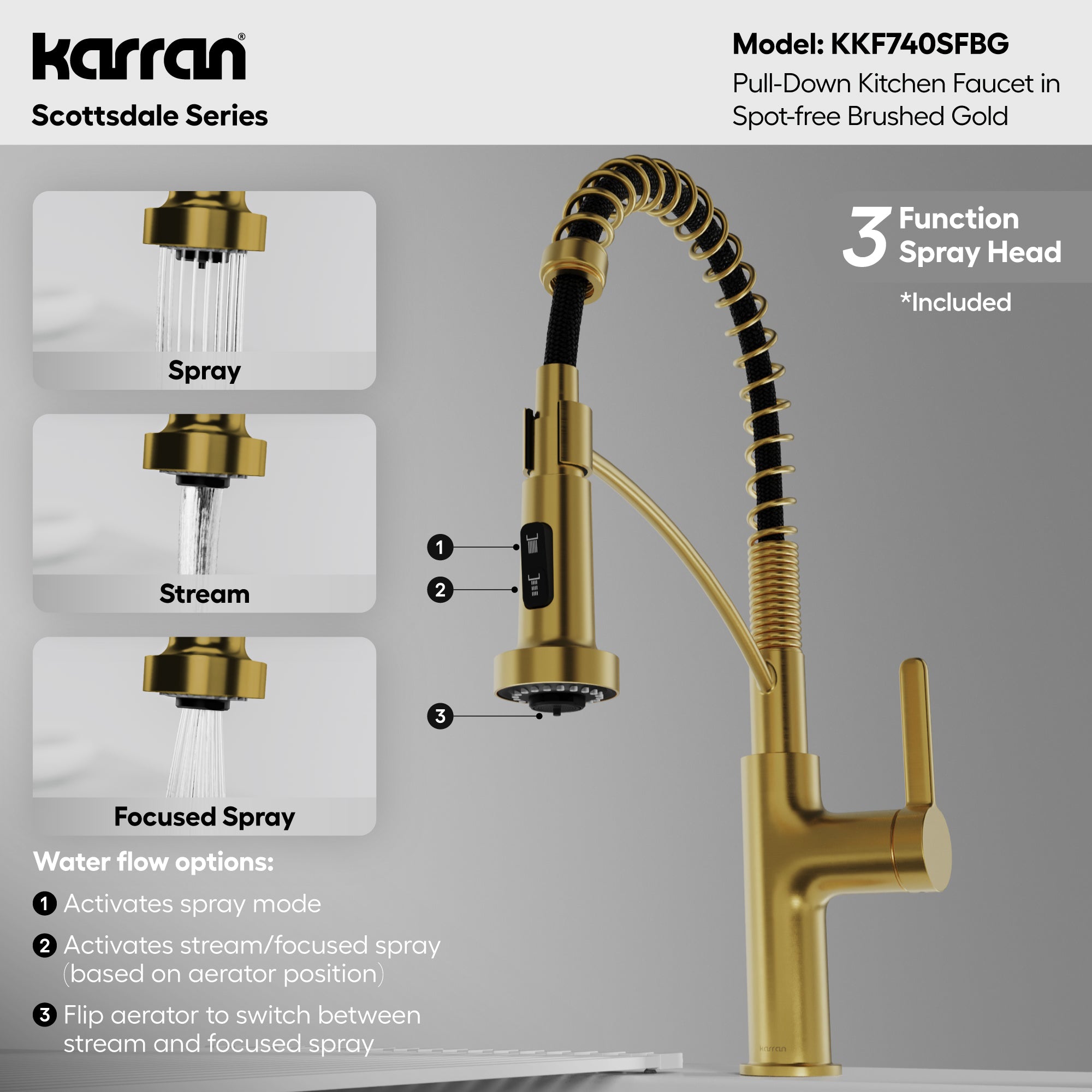 Scottsdale Single Handle Commercial Pull-Down Sprayer Kitchen Faucet In Spot-Free Brushed Gold