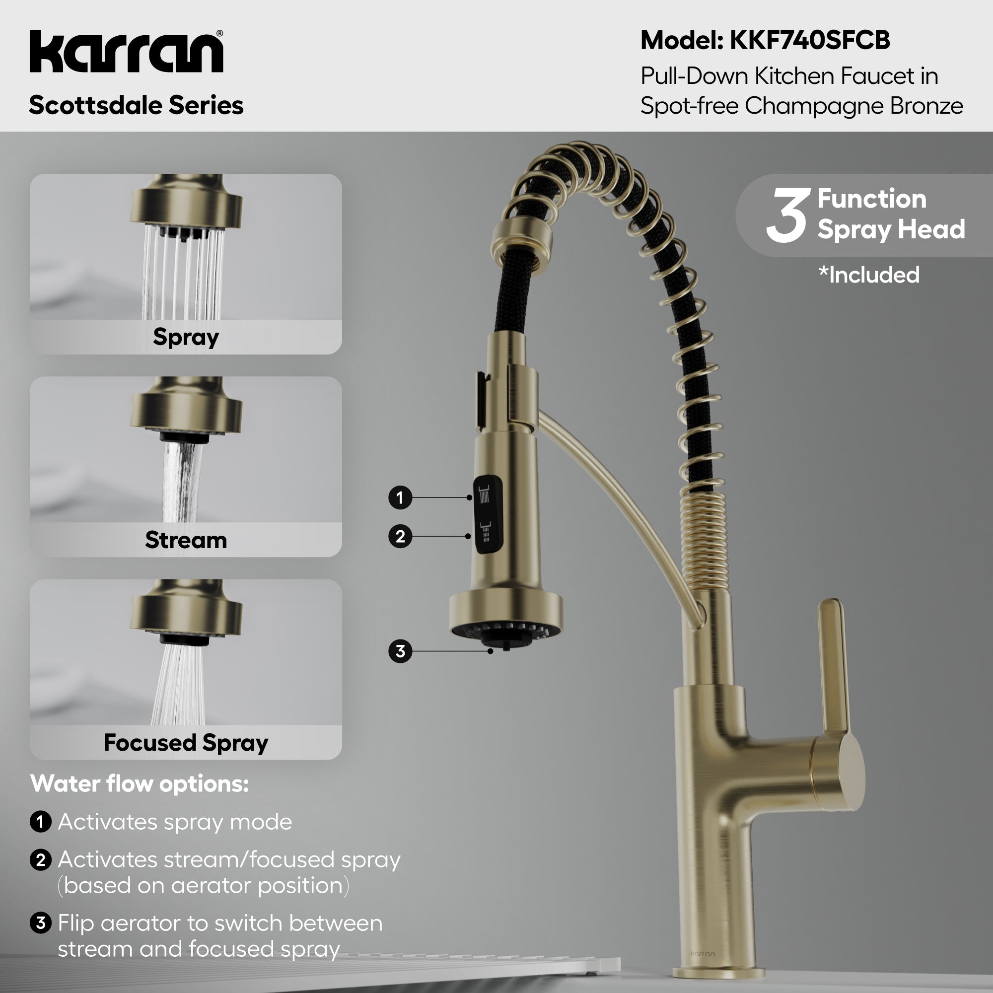 Scottsdale Single Handle Commercial Pull-Down Sprayer Kitchen Faucet In Spot-Free Champagne Bronze