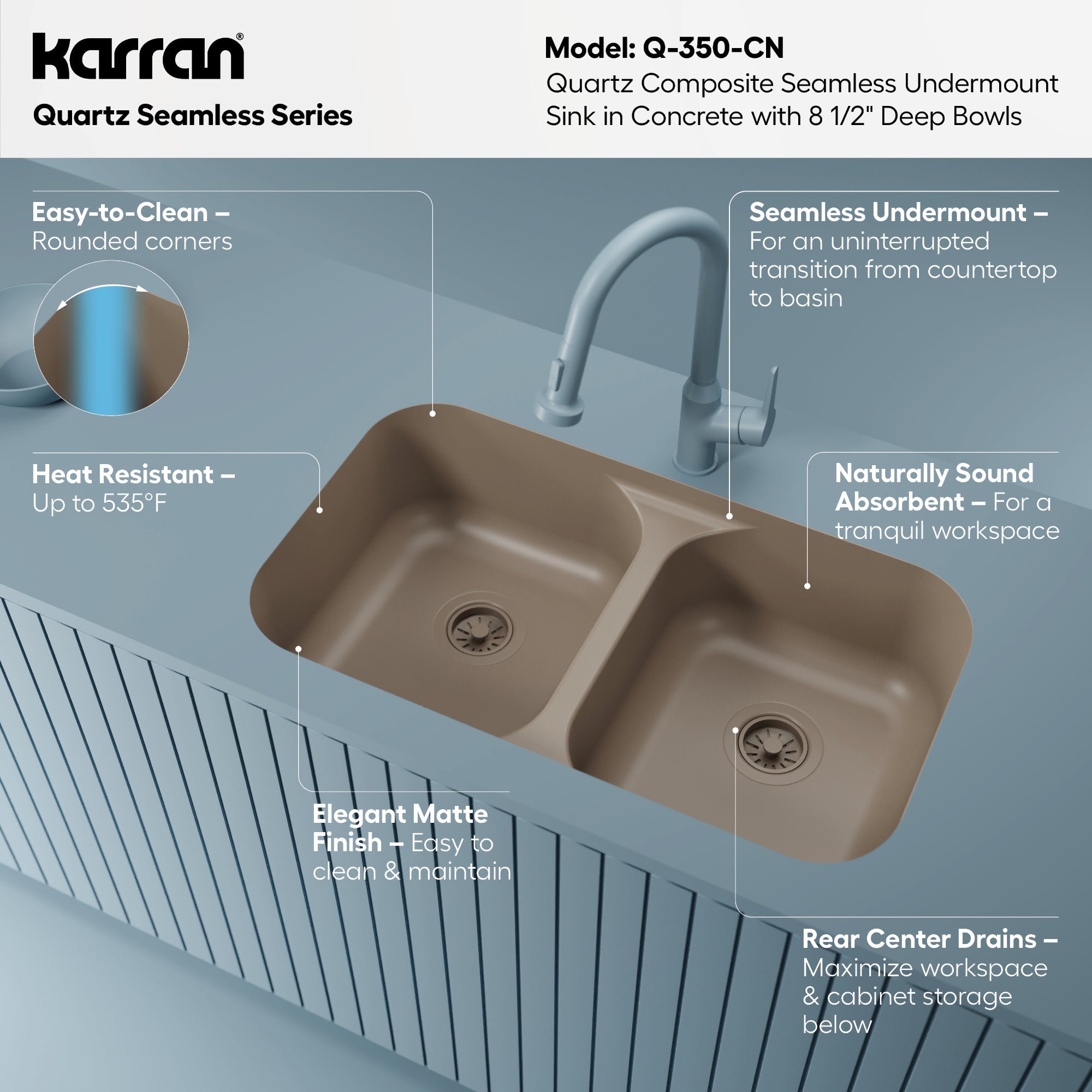 32-7/8" Seamless Undermount Doube Equal Bowl Quartz Composite Kitchen Sink In Concrete