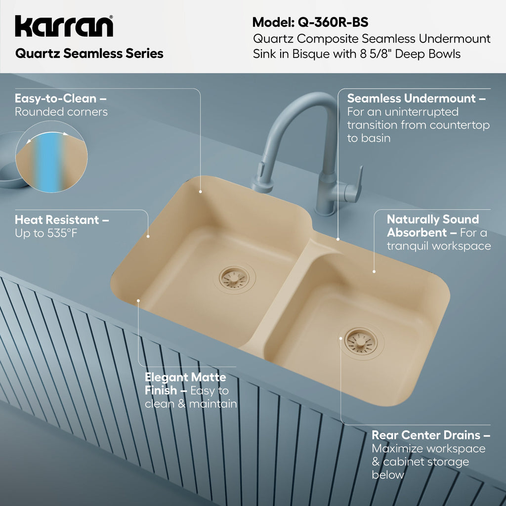 32-3/8" Seamless Undermount Double Offset Bowl Quartz Composite Kitchen Sink In Bisque