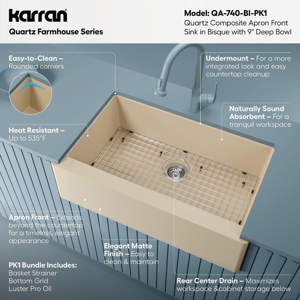 Farmhouse/Apron-Front Quartz Composite 34" Single Bowl Kitchen Sink Kit In Bisque