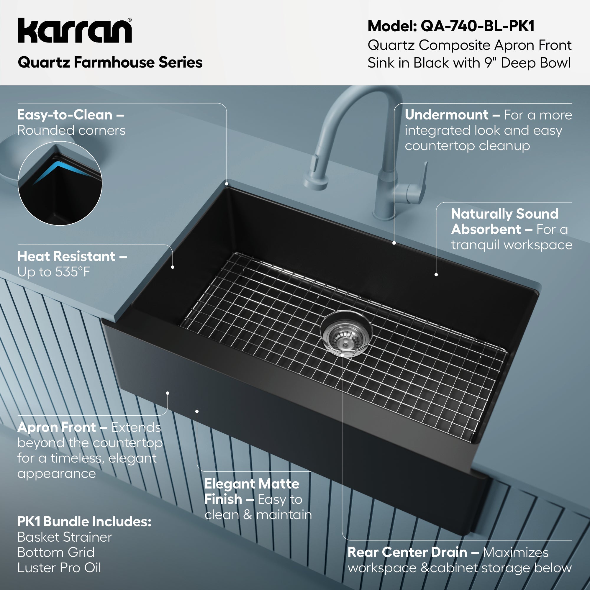 34" Farmhouse Large Single Bowl Quartz Composite Kitchen Sink Kit In Black