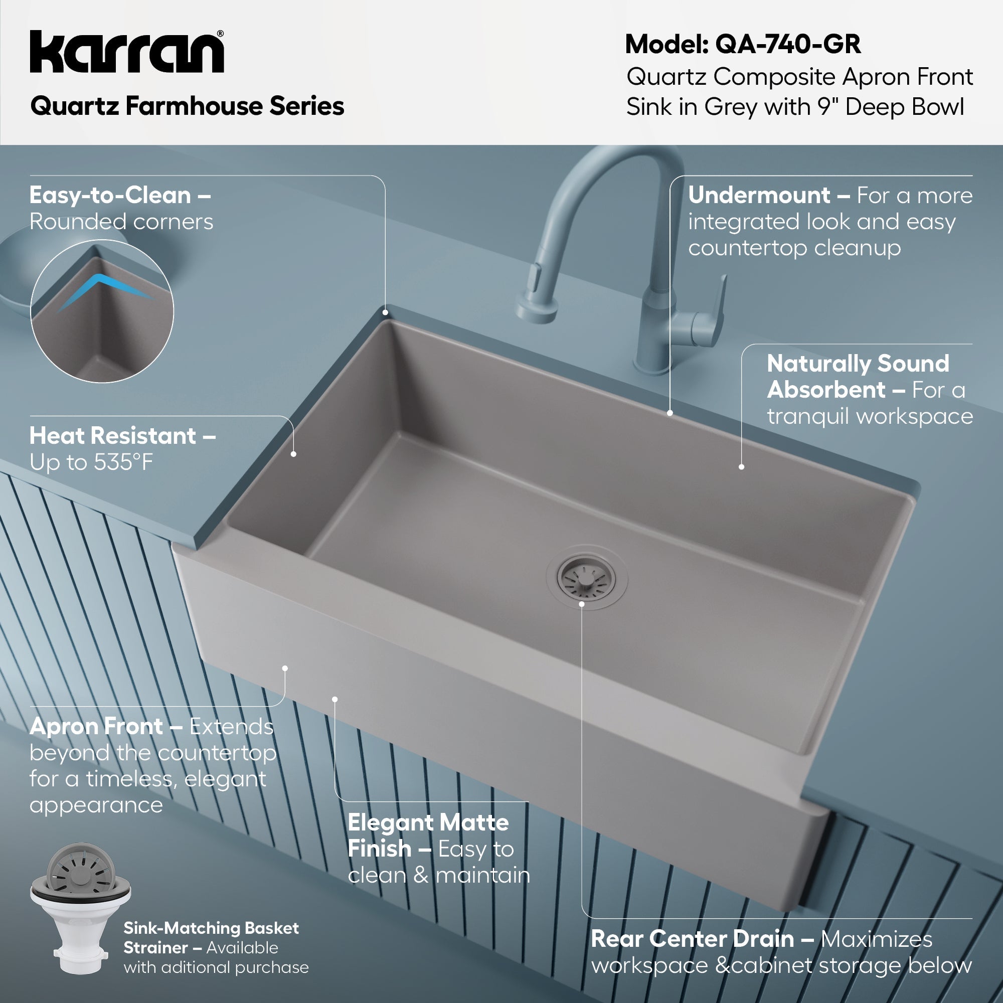 34" Farmhouse Large Single Bowl Quartz Composite Kitchen Sink In Grey