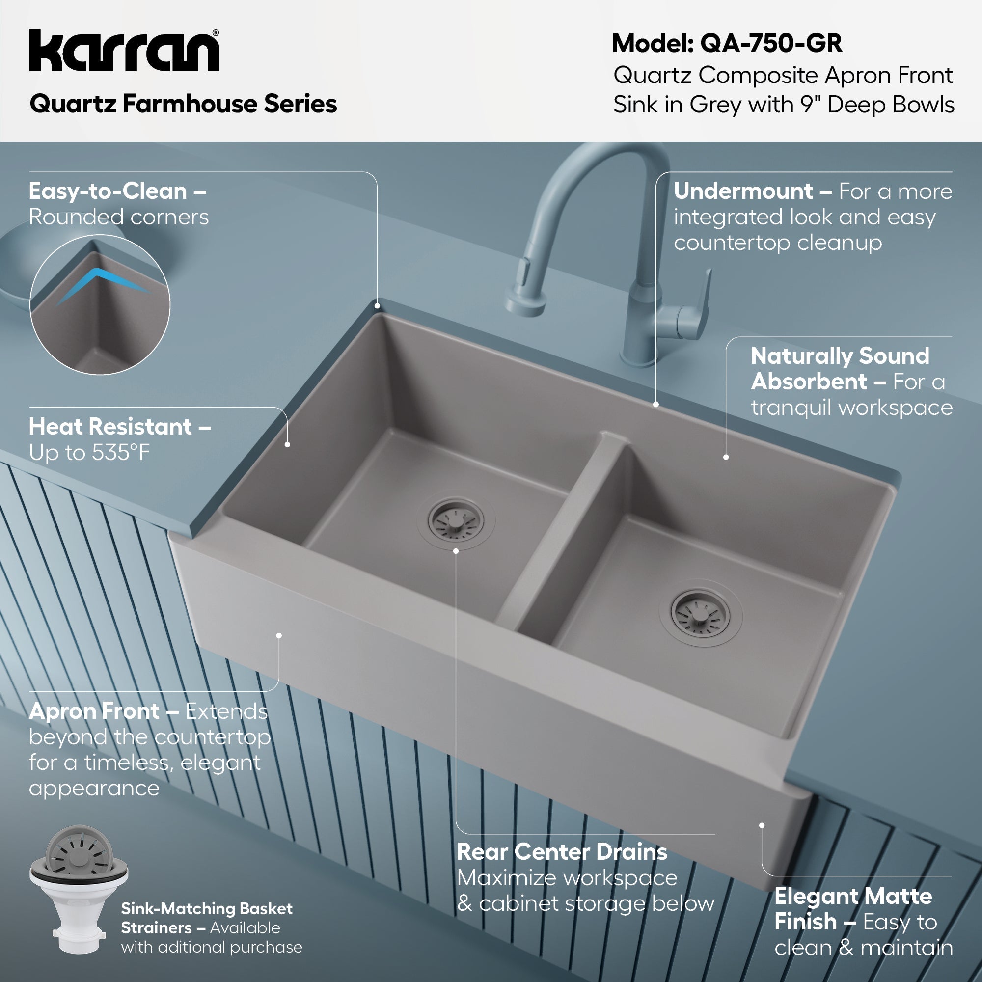 34" Farmhouse Double Equal Bowl Quartz Composite Kitchen Sink In Grey