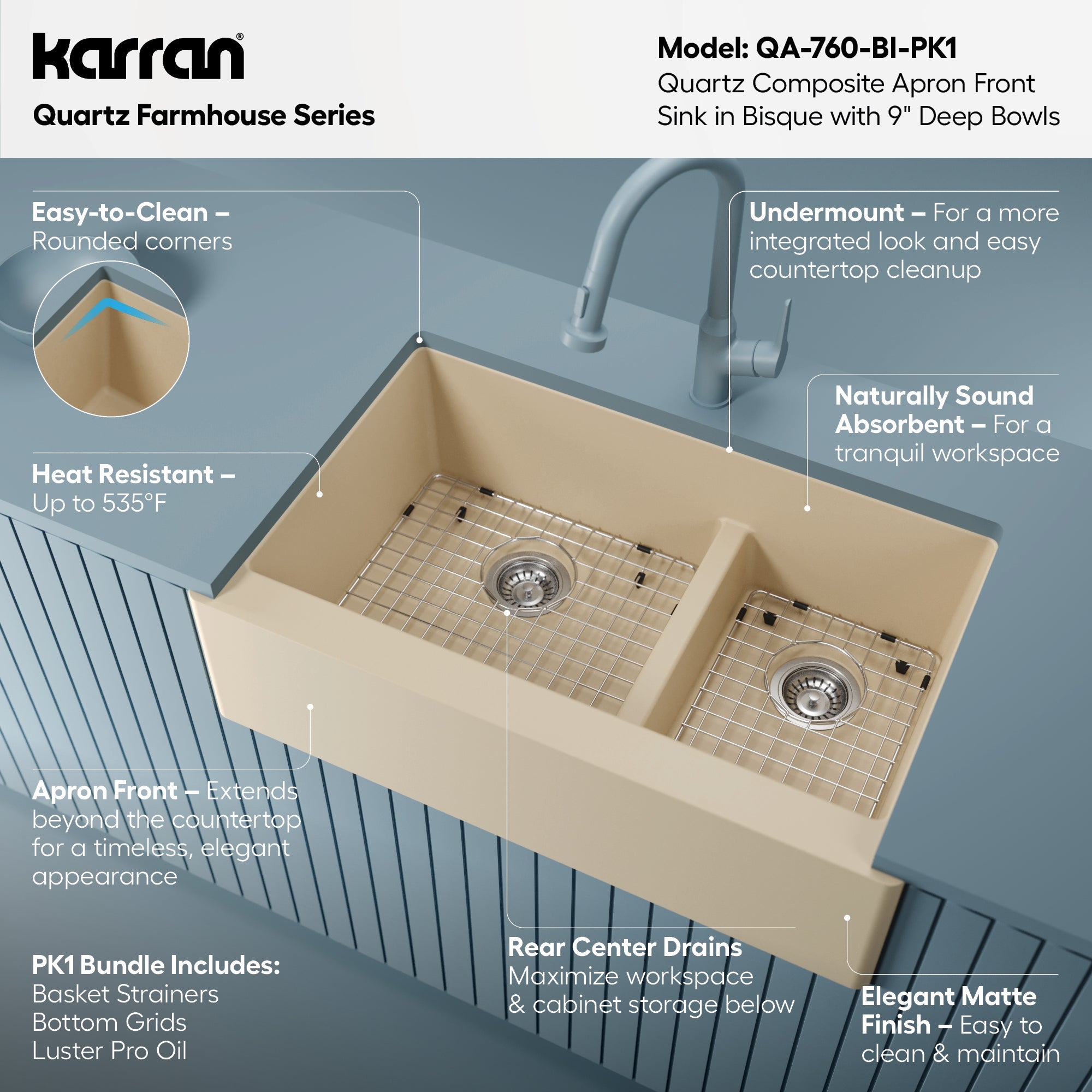 34" Farmhouse Double Offset Bowl Quartz Composite Kitchen Sink Kit In Bisque