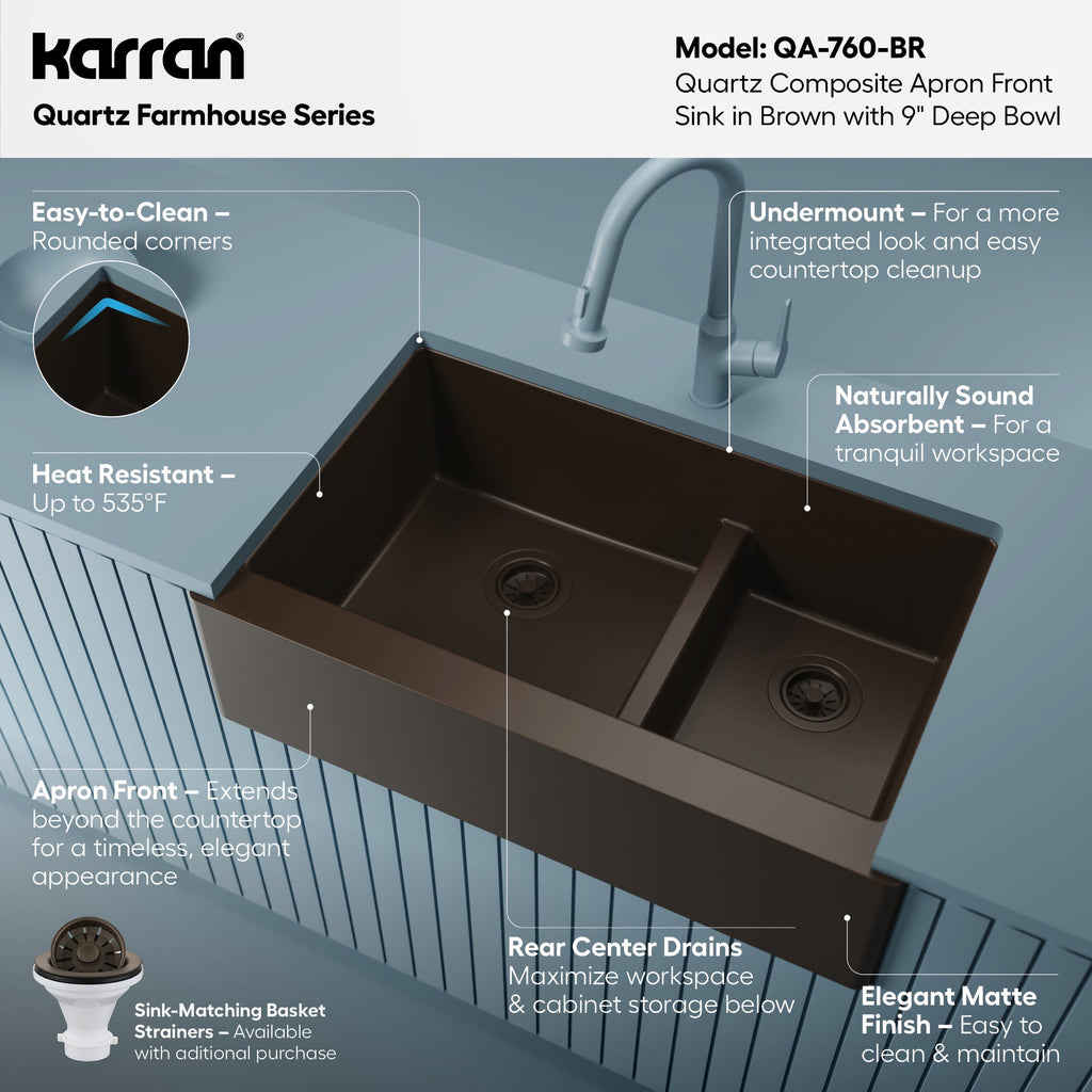 34" Farmhouse Double Offset Bowl Quartz Composite Kitchen Sink In Brown