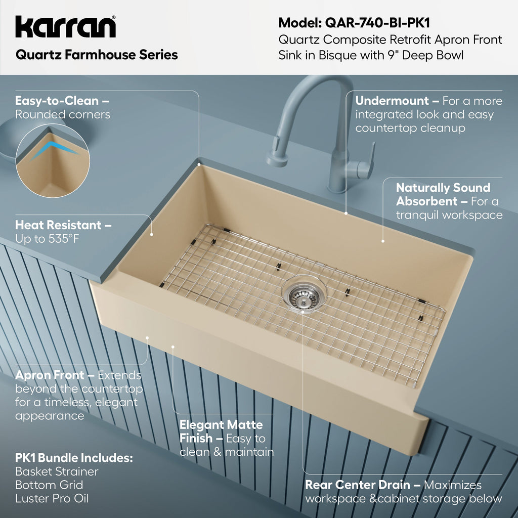 34" Retrofit Farmhouse Large Single Bowl Quartz Composite Kitchen Sink Kit In Bisque