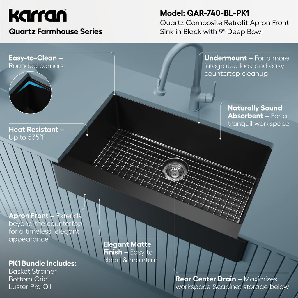 34" Retrofit Farmhouse Large Single Bowl Quartz Composite Kitchen Sink Kit In Black