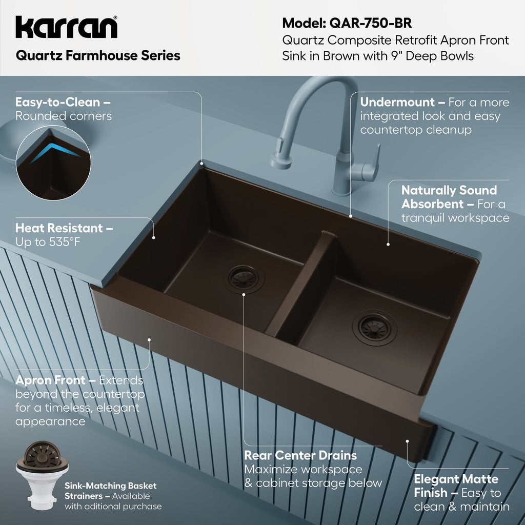 34" Retrofit Farmhouse Double Equal Bowl Quartz Composite Kitchen Sink In Brown