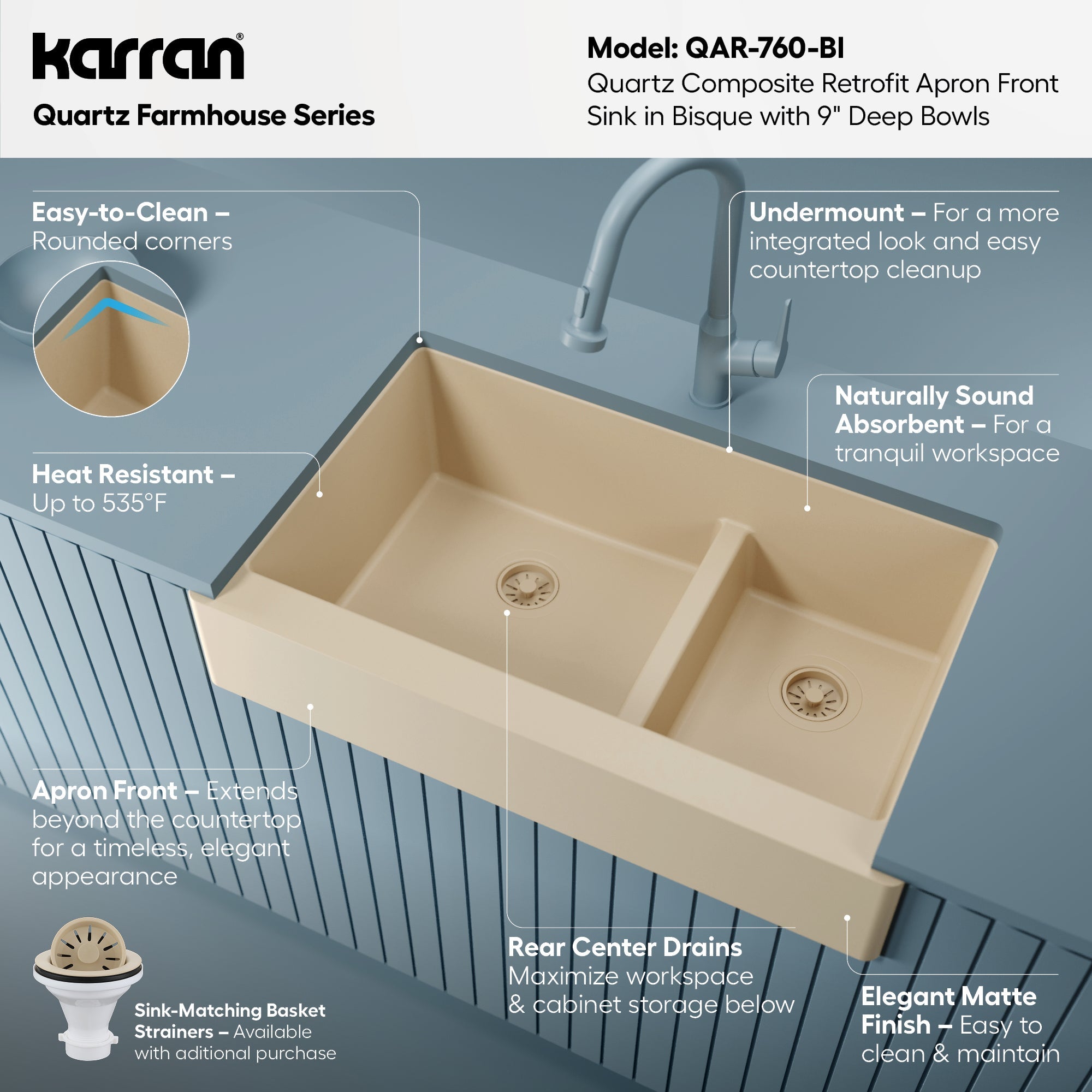 34" Retrofit Farmhouse Double Offset Bowl Quartz Composite Kitchen Sink In Bisque