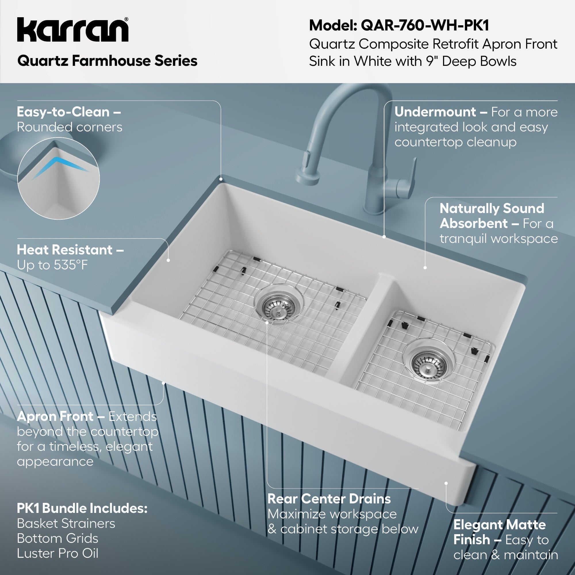 34" Retrofit Farmhouse Double Offset Bowl Quartz Composite Kitchen Sink Kit In White