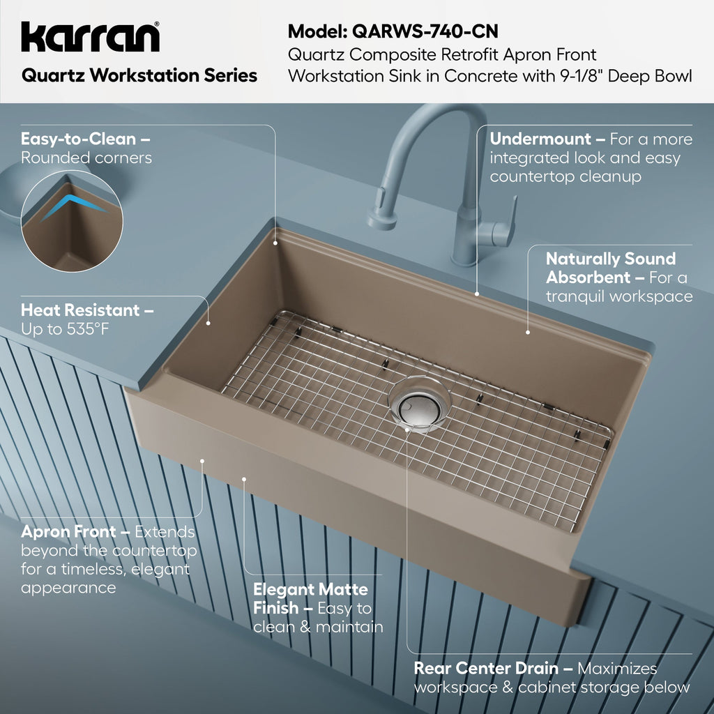 34" Retrofit Farmhouse Large Single Bowl Quartz Composite Workstation Kitchen Sink In Concrete