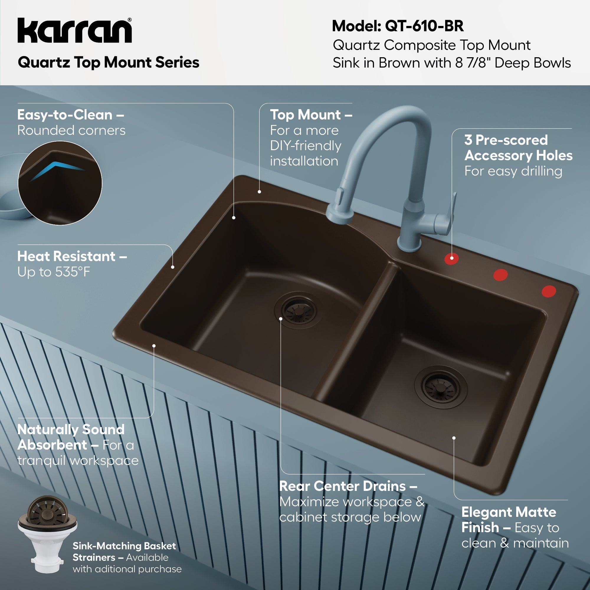 33" Top Mount Double Offset Bowl Quartz Composite Kitchen Sink In Brown