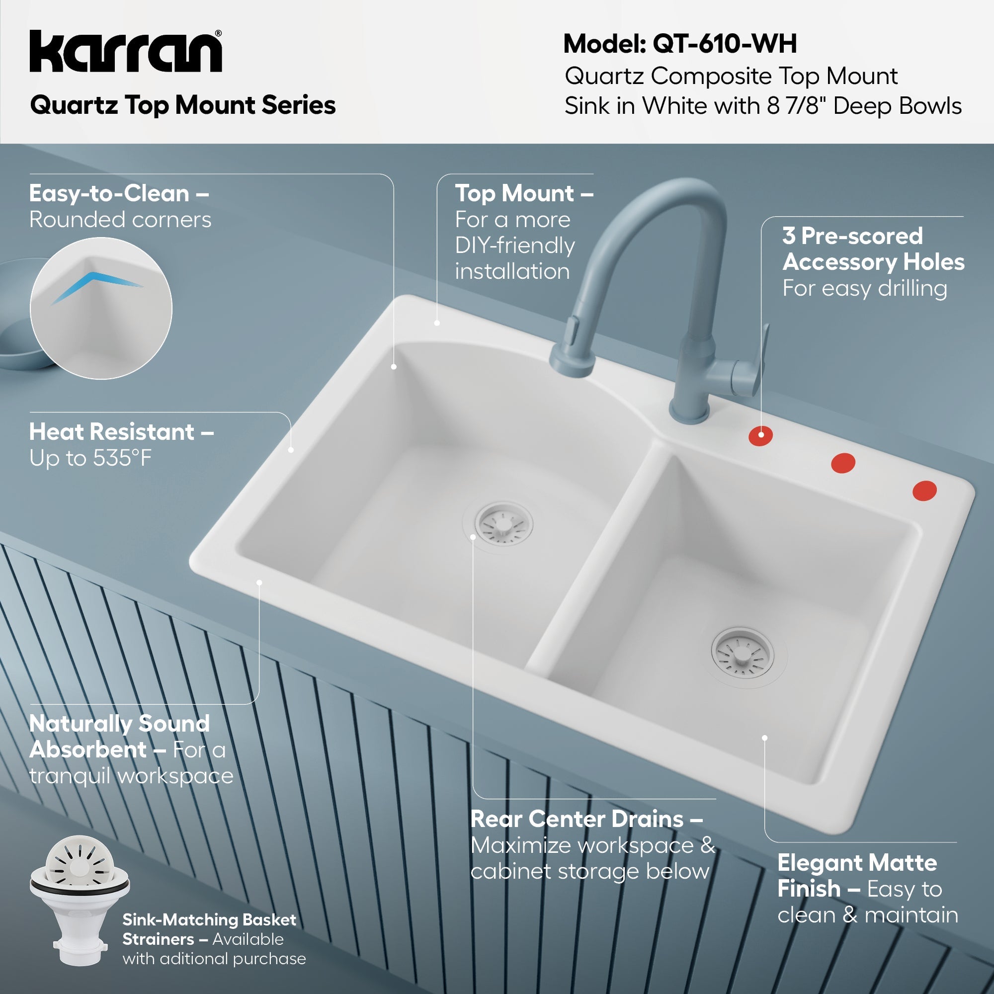 33" Top Mount Double Offset Bowl Quartz Composite Kitchen Sink In White