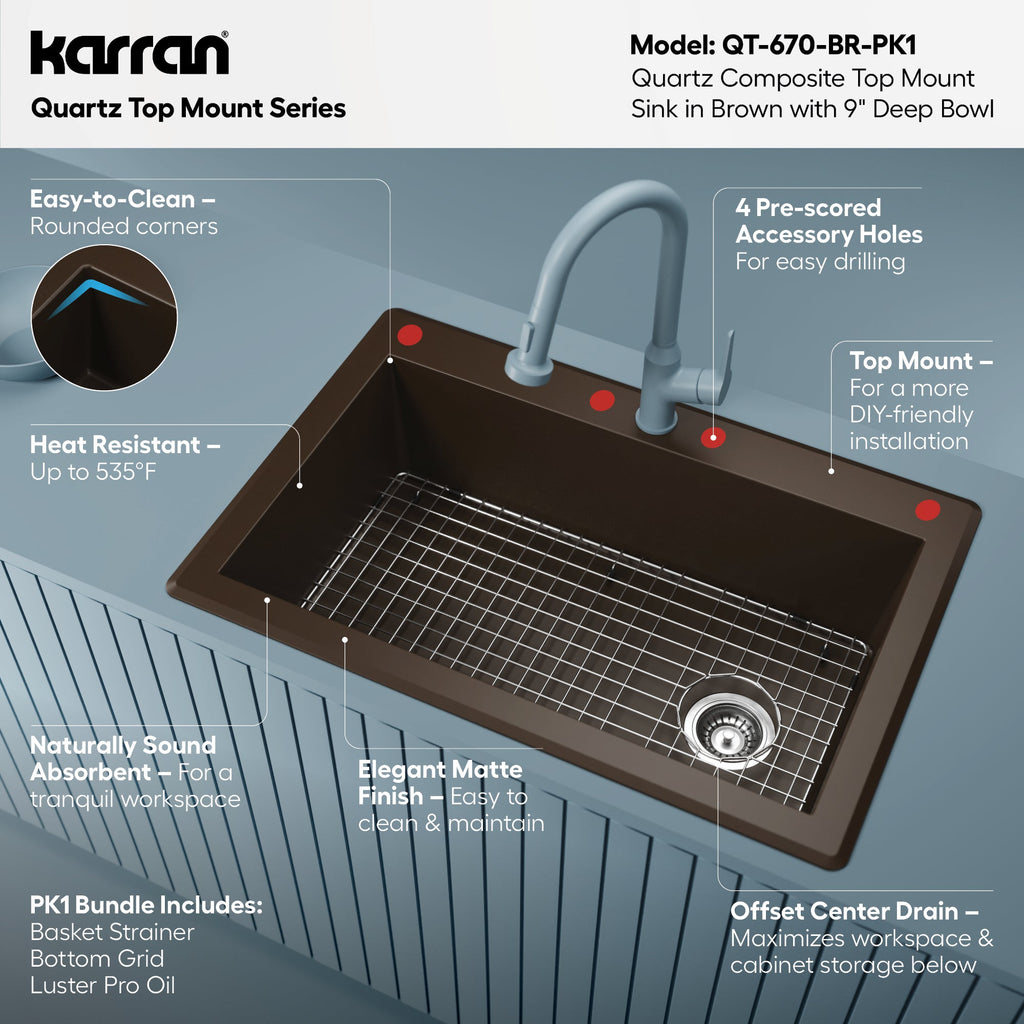 33" Top Mount Large Single Bowl Quartz Composite Kitchen Sink Kit In Brown