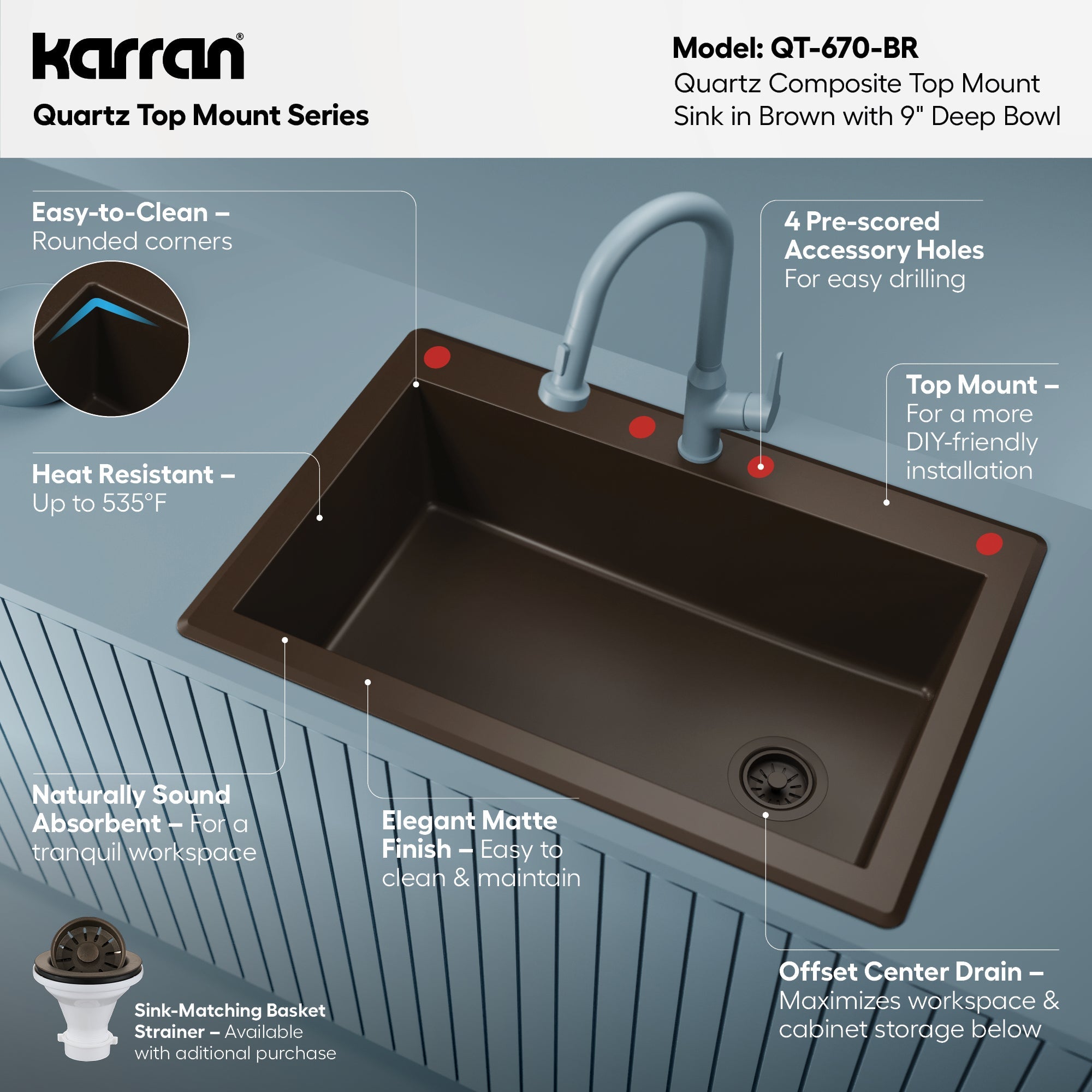 33" Top Mount Large Single Bowl Quartz Composite Kitchen Sink In Brown