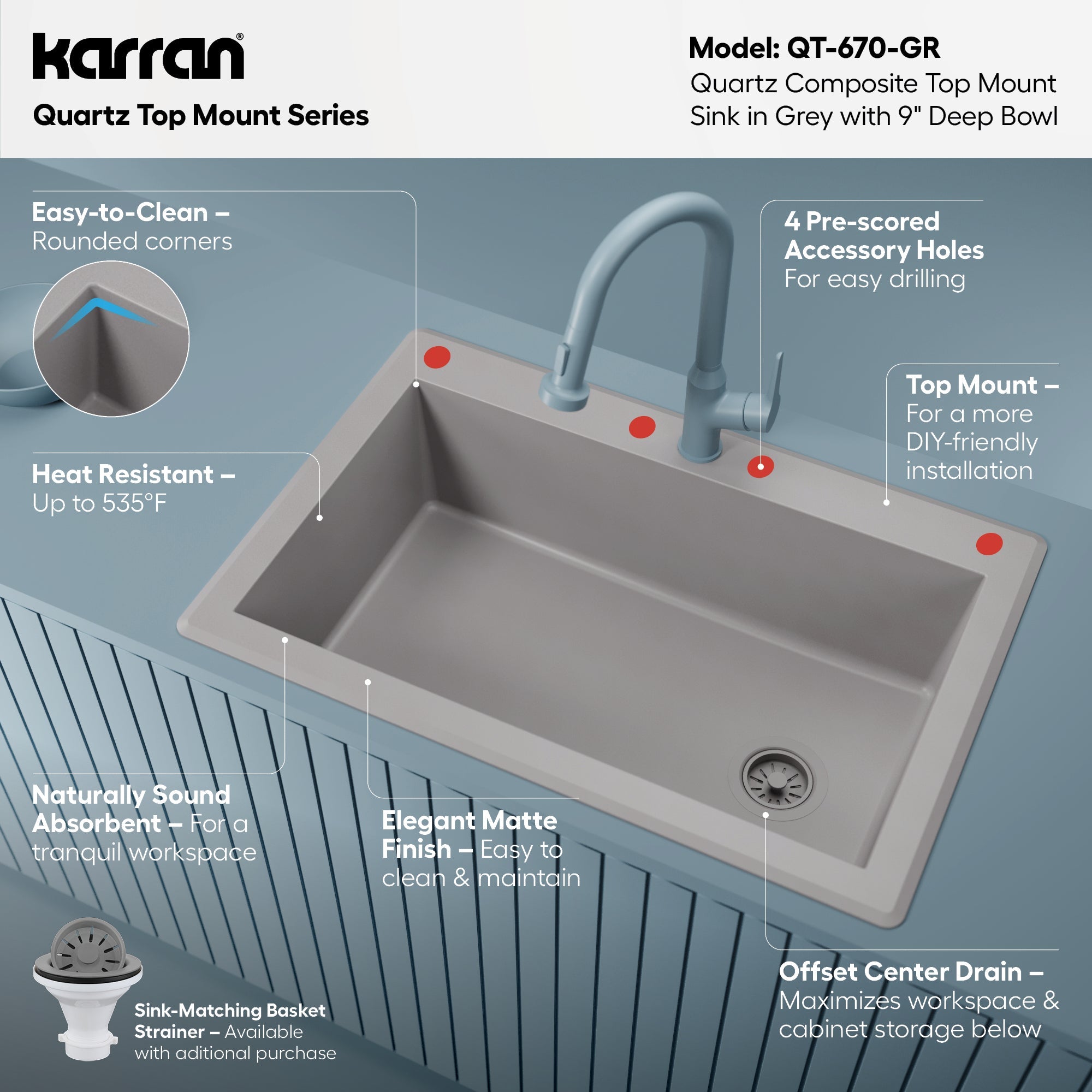 33" Top Mount Large Single Bowl Quartz Composite Kitchen Sink In Grey
