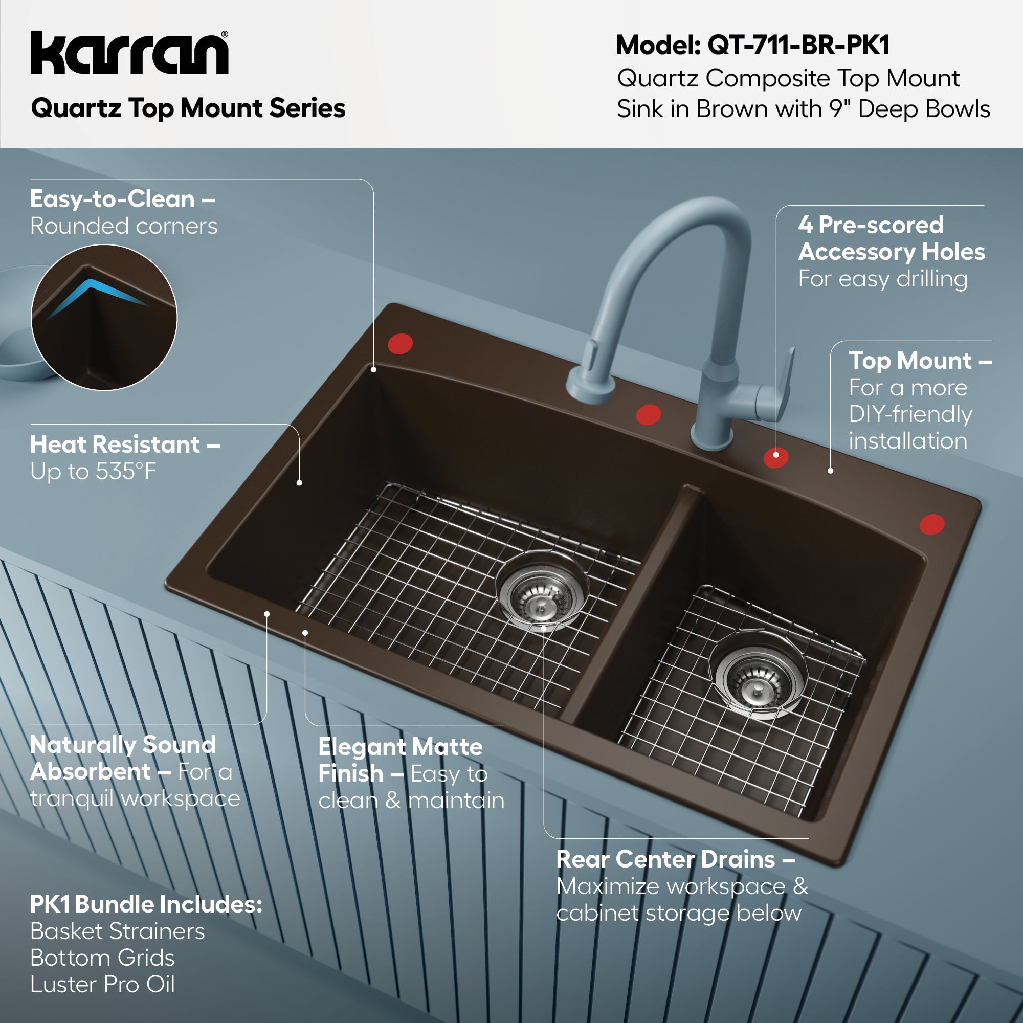 33" Top MountDouble Offset Bowl Quartz Composite Kitchen Sink Kit In Brown