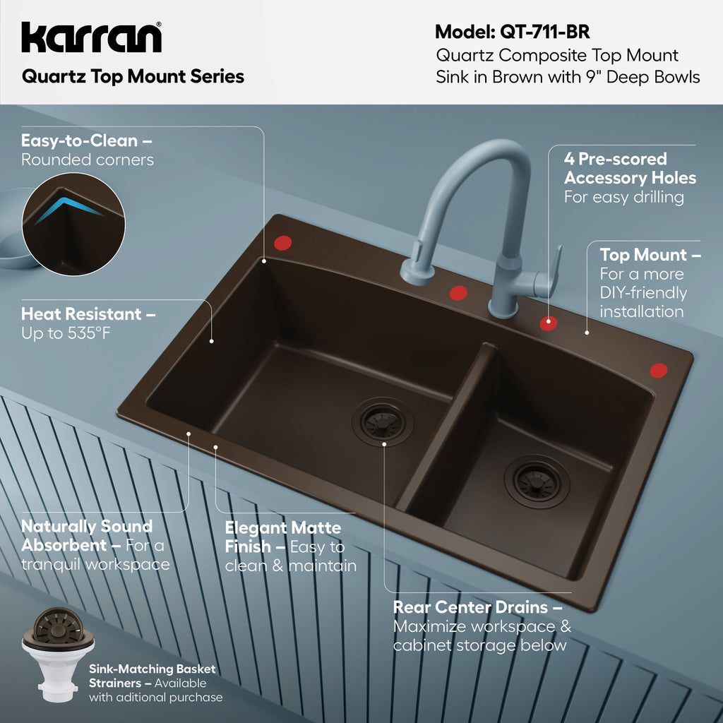33" Top Mount Double Offset Bowl Quartz Composite Kitchen Sink In Brown
