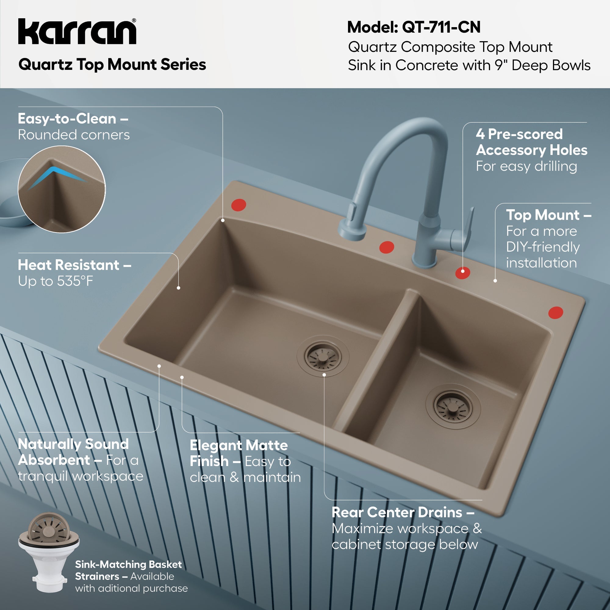 33" Top Mount Double Offset Bowl Quartz Composite Kitchen Sink In Concrete