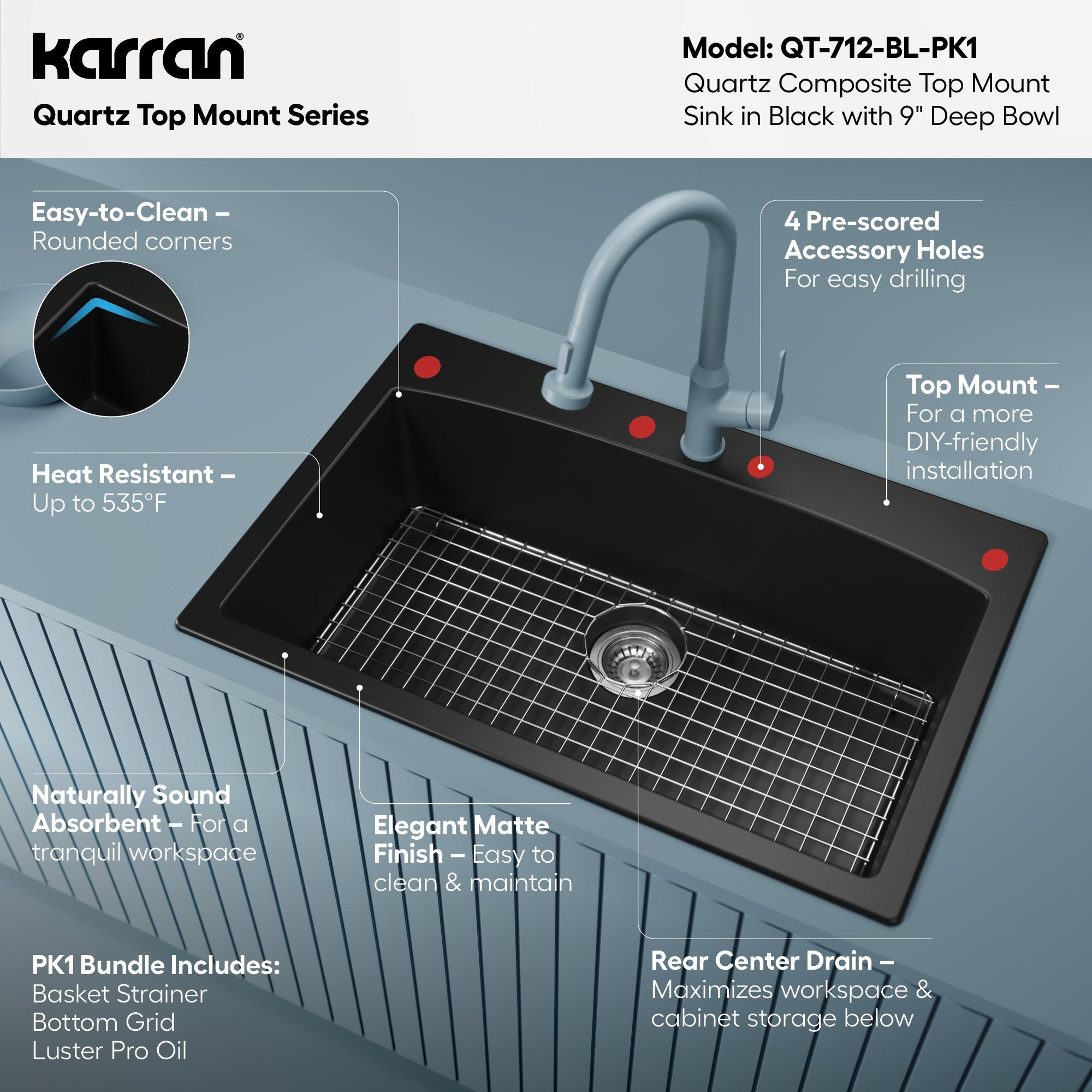 33" Top Mount Large Single Bowl Quartz Composite Kitchen Sink Kit In Black