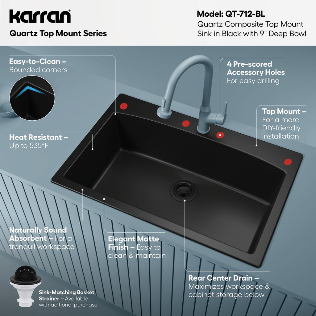 33" Top Mount Large Single Bowl Quartz Composite Kitchen Sink In Black