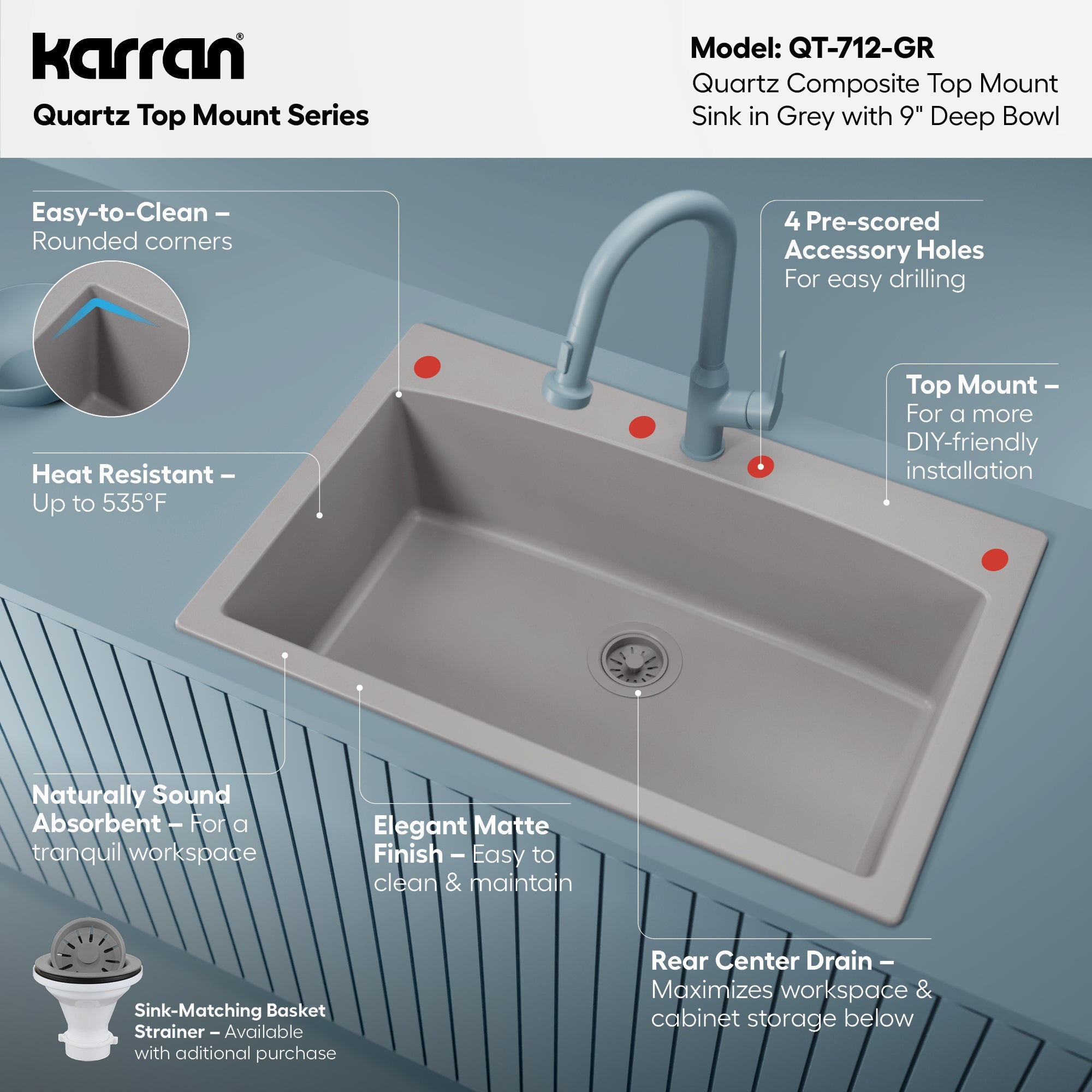 33" Top Mount Large Single Bowl Quartz Composite Kitchen Sink In Grey