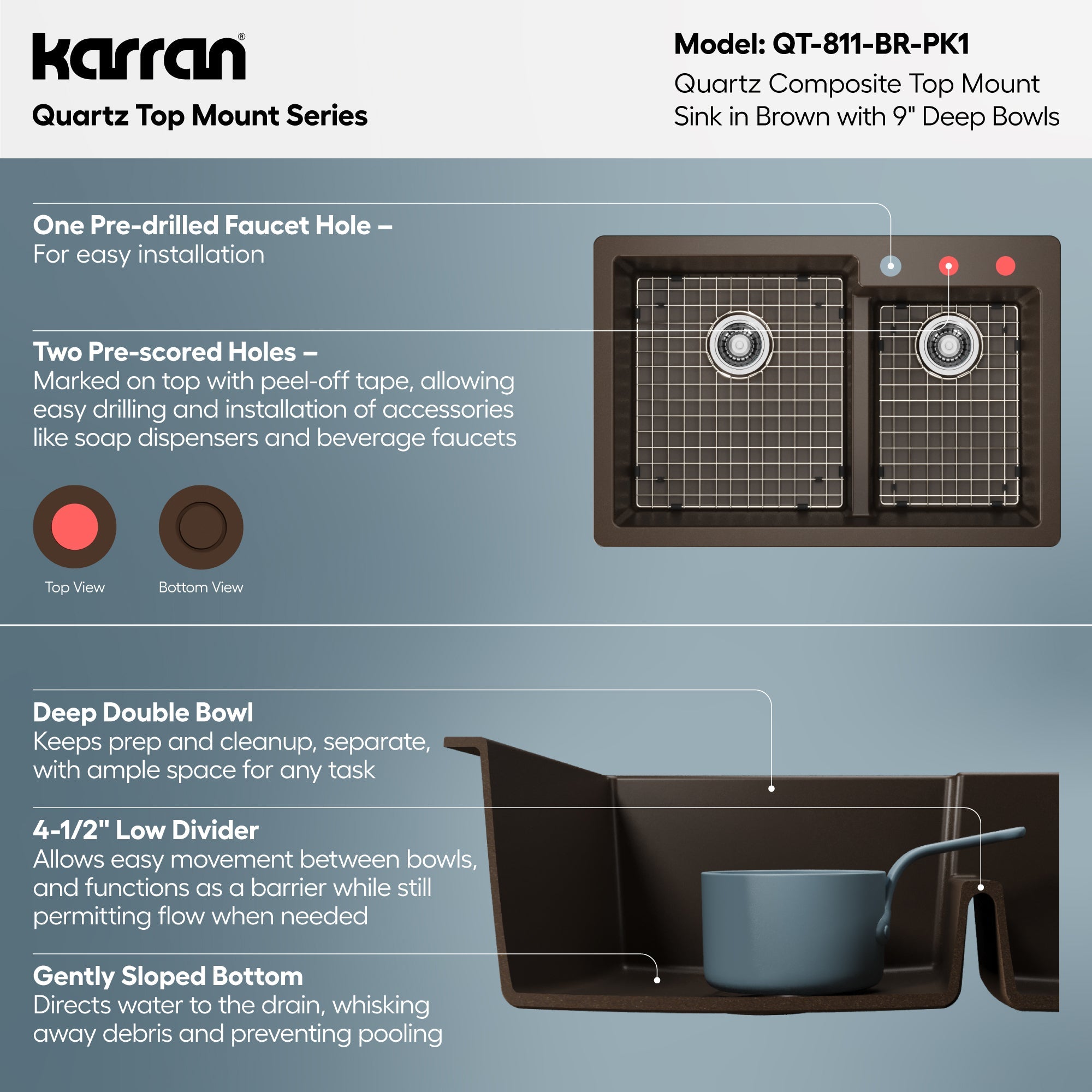 33" Top Mount Double Offset Bowl Quartz Composite Kitchen Sink Kit In Brown